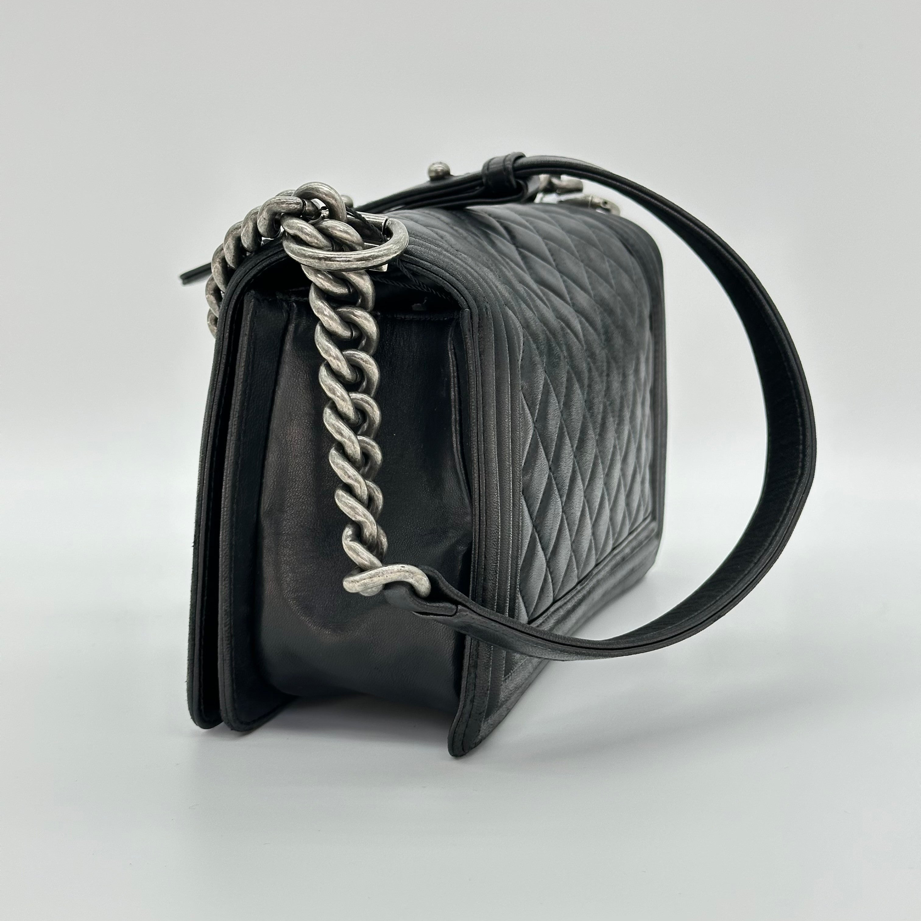 Chanel Boy Chanel 25 Lambskin Chain Shoulder Bag Black Silver 21 Series