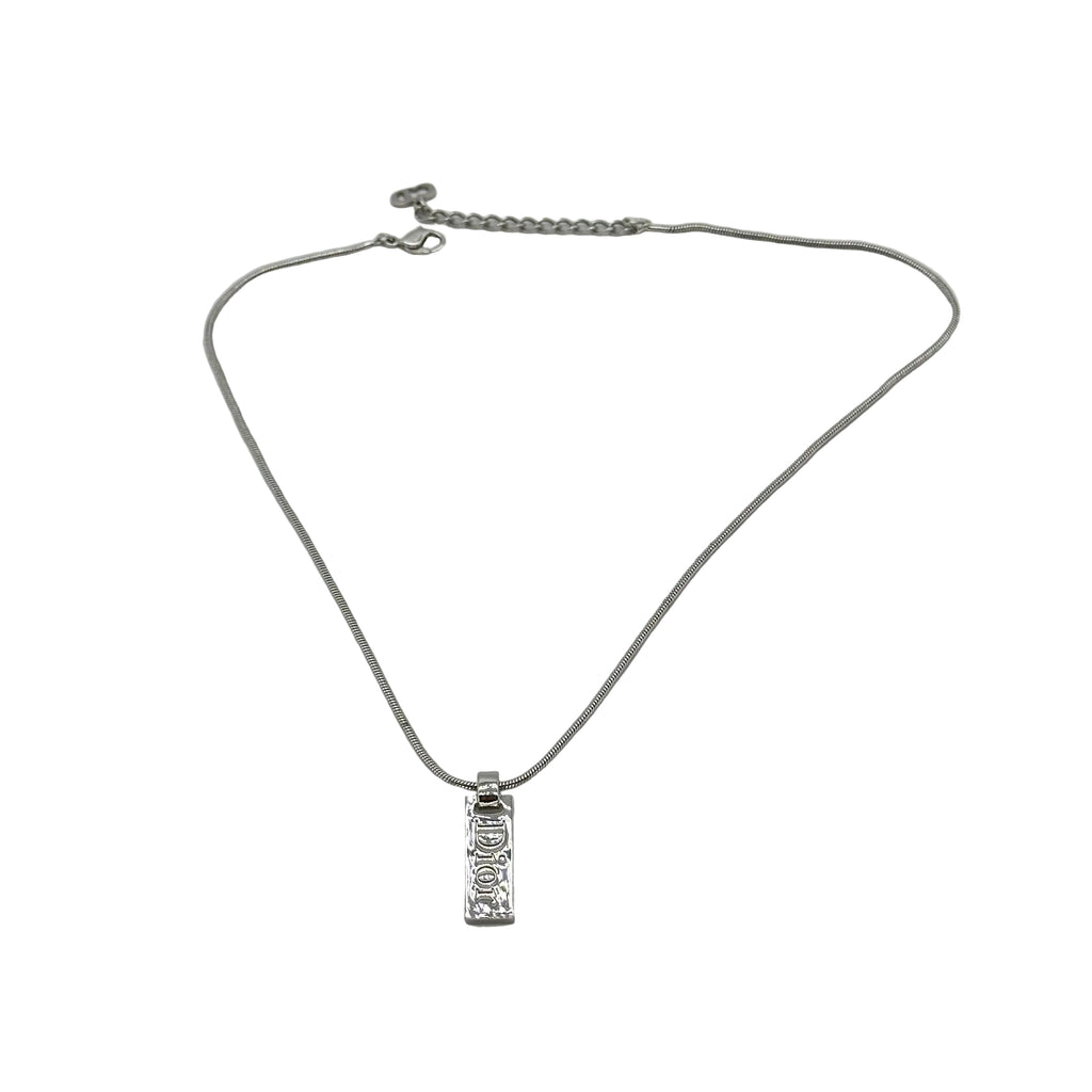 Christian Dior Logo Plate Necklace Silver Tone