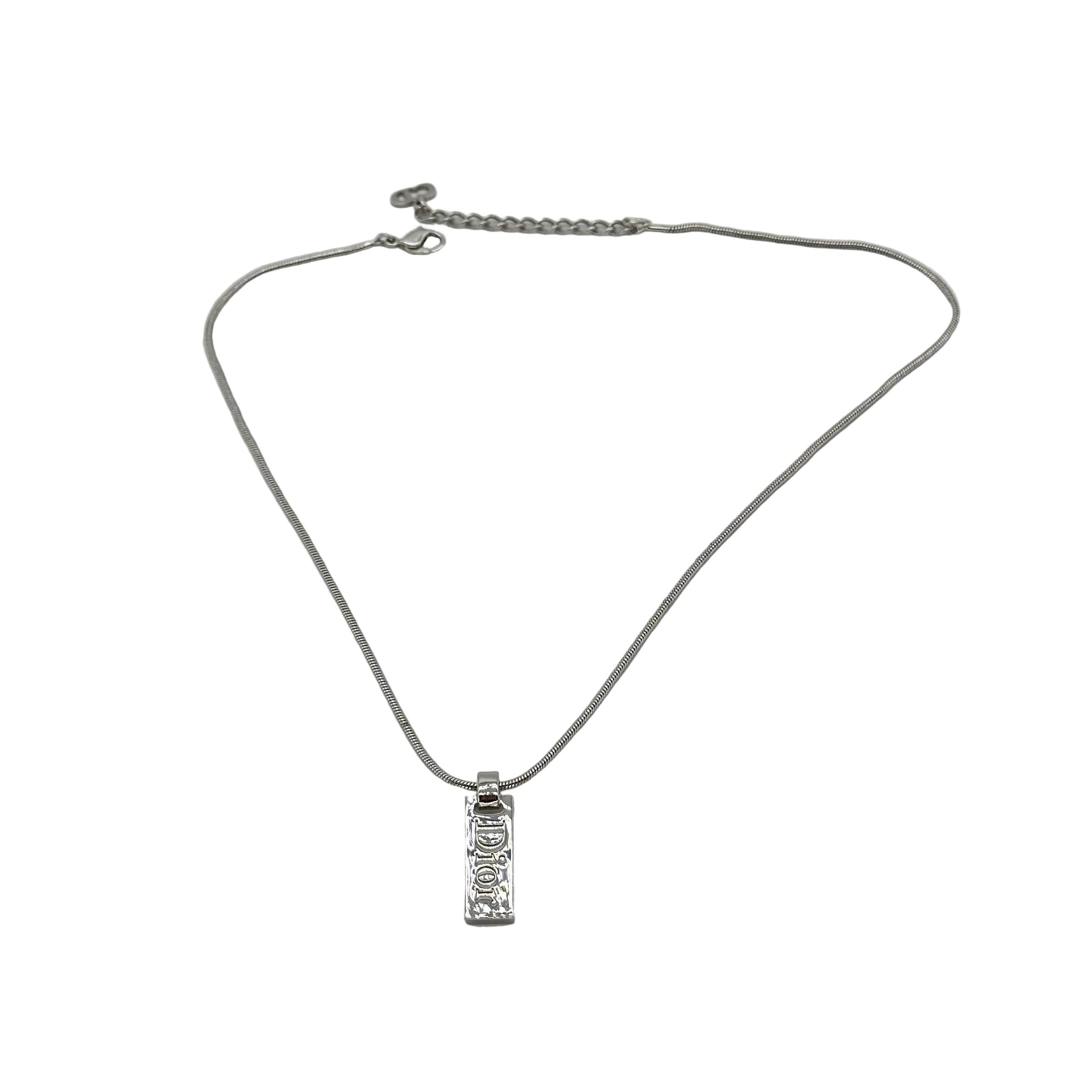 Christian Dior Logo Plate Necklace Silver Tone