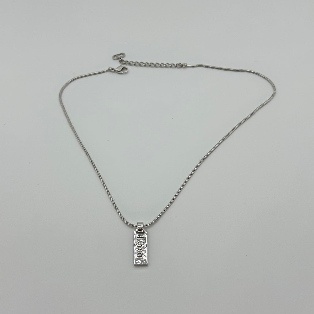 Christian Dior Logo Plate Necklace Silver Tone