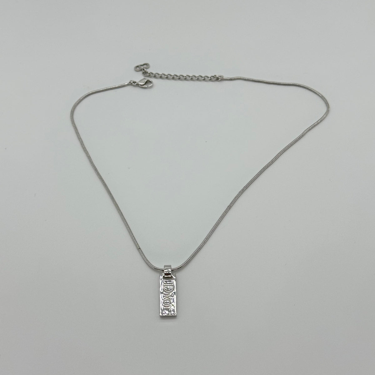 Christian Dior Logo Plate Necklace Silver Tone