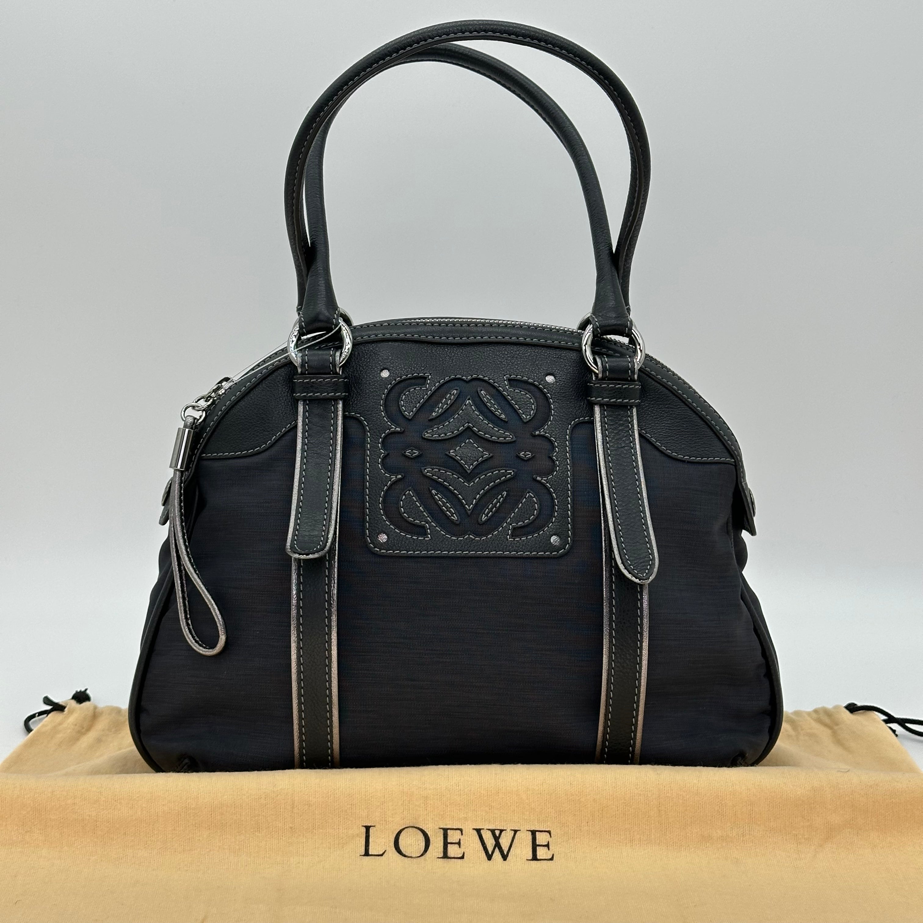 LOEWE Handbag Leather Nylon Black Silver Hardware