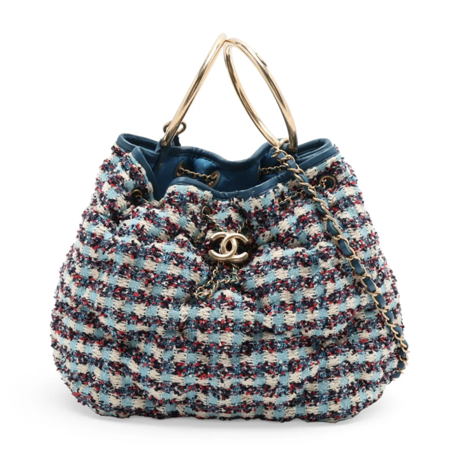 Chanel Coco Mark Tweed Drawstring Shoulder Bag Blue Gold Metal Fittings