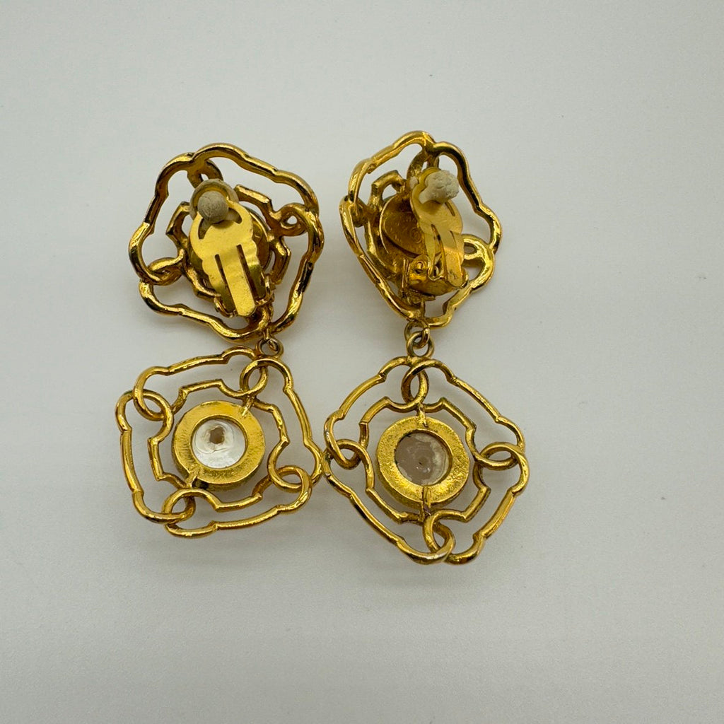 Chanel Faux Pearl Gold-Tone Camellia Drop Earrings