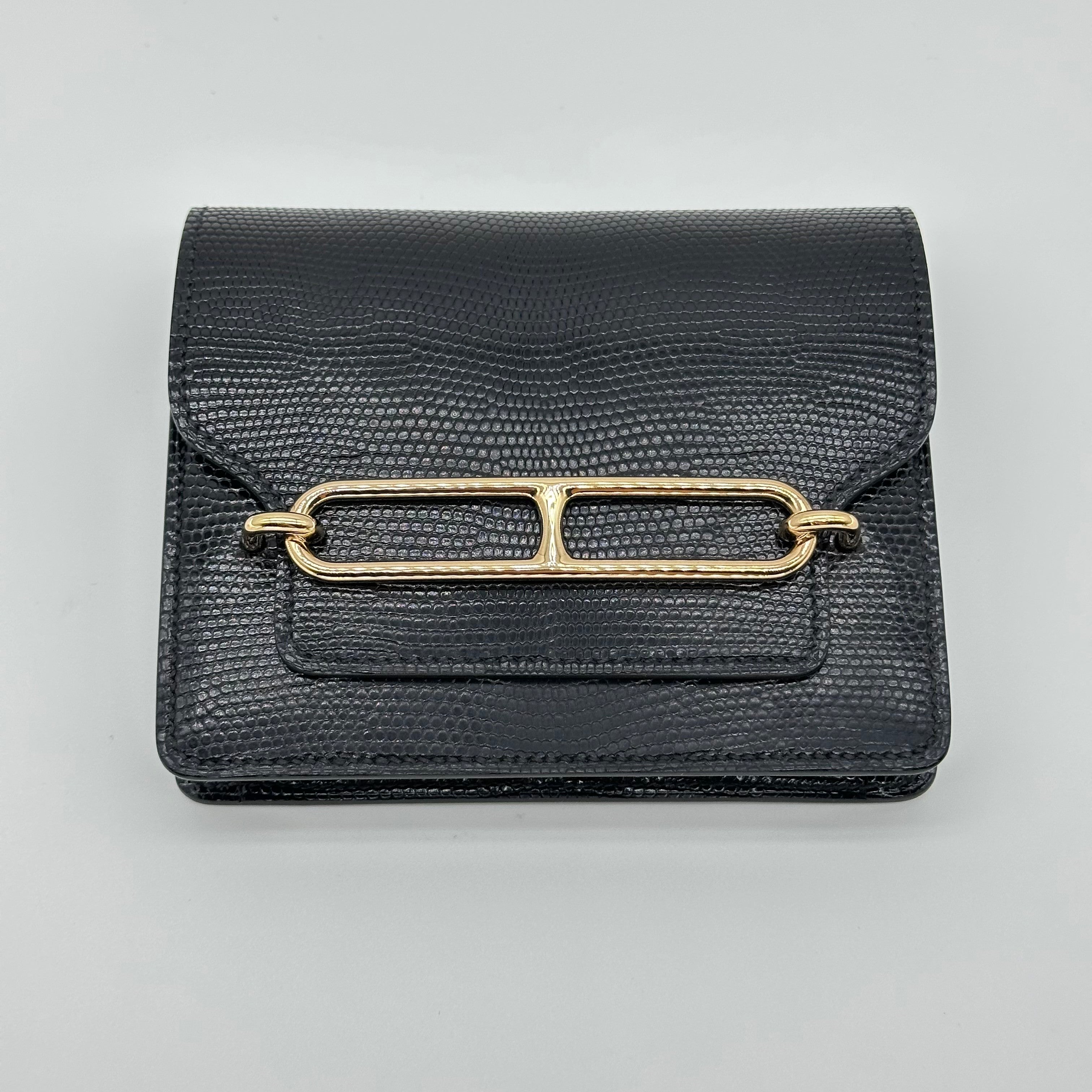 Hermès Roulis Slim Wallet Black Lizard Leather Gold Hardware Stamp D with Precious Leather Certificate No Coin Pocket