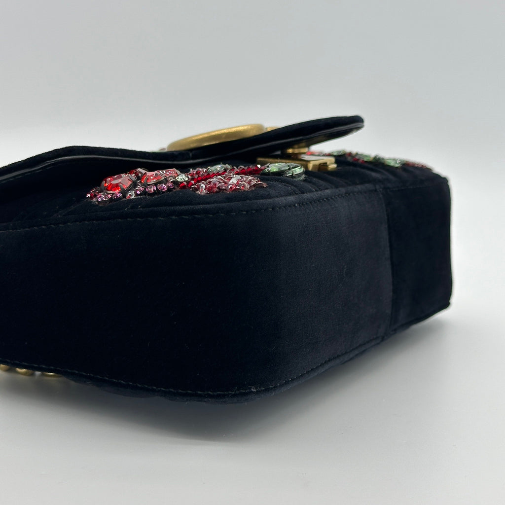 Gucci GG Marmont Floral Embroidered Velvet Black Shoulder Bag