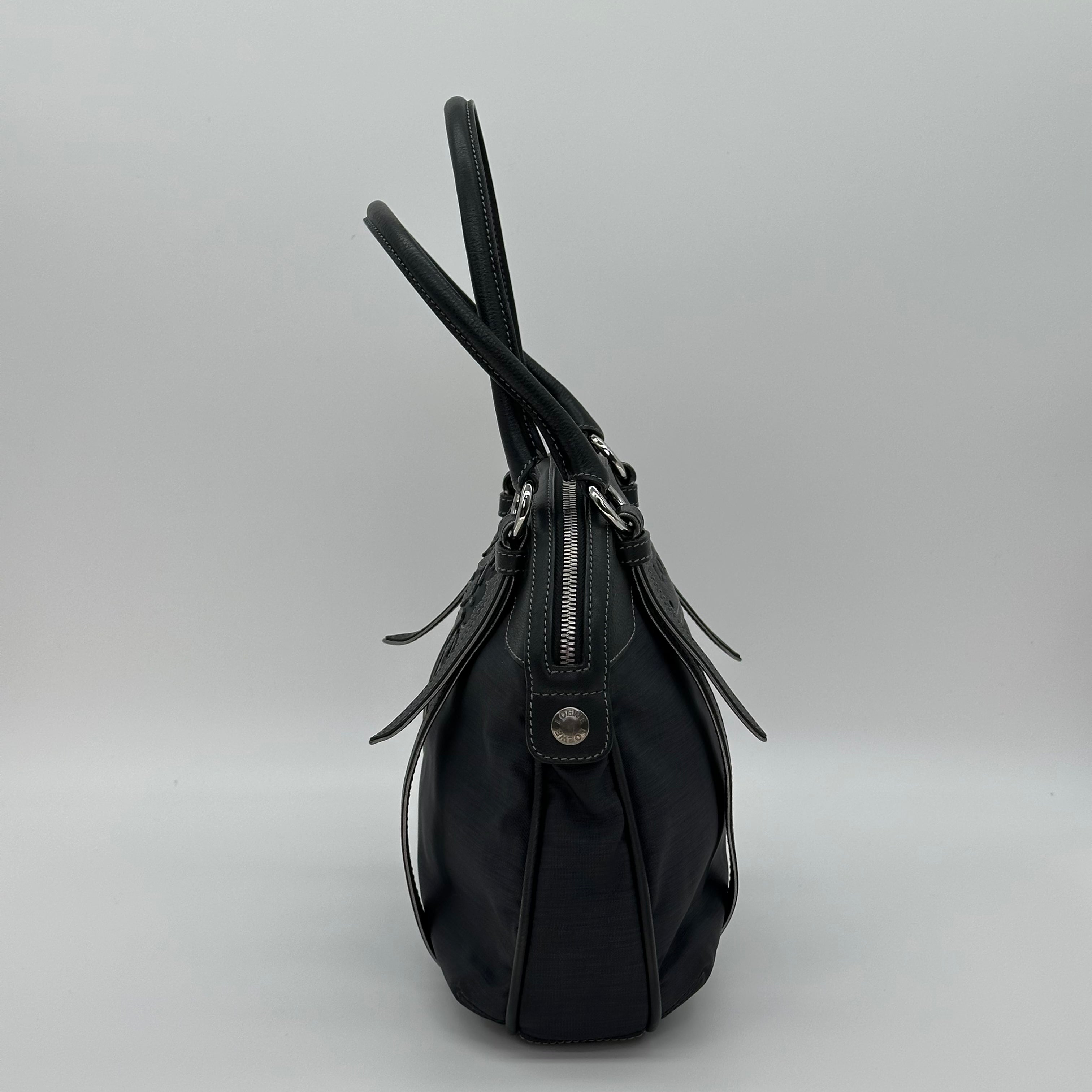 LOEWE Handbag Leather Nylon Black Silver Hardware