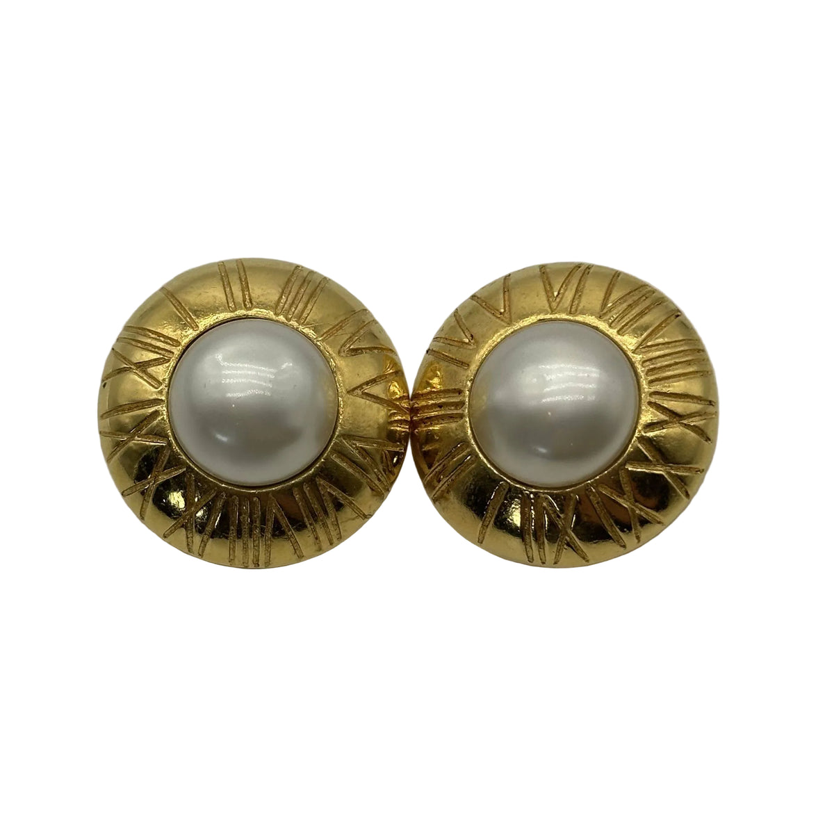 Chanel Gold Pearl Roman Numeral Hoop Clip-On Earrings Vintage