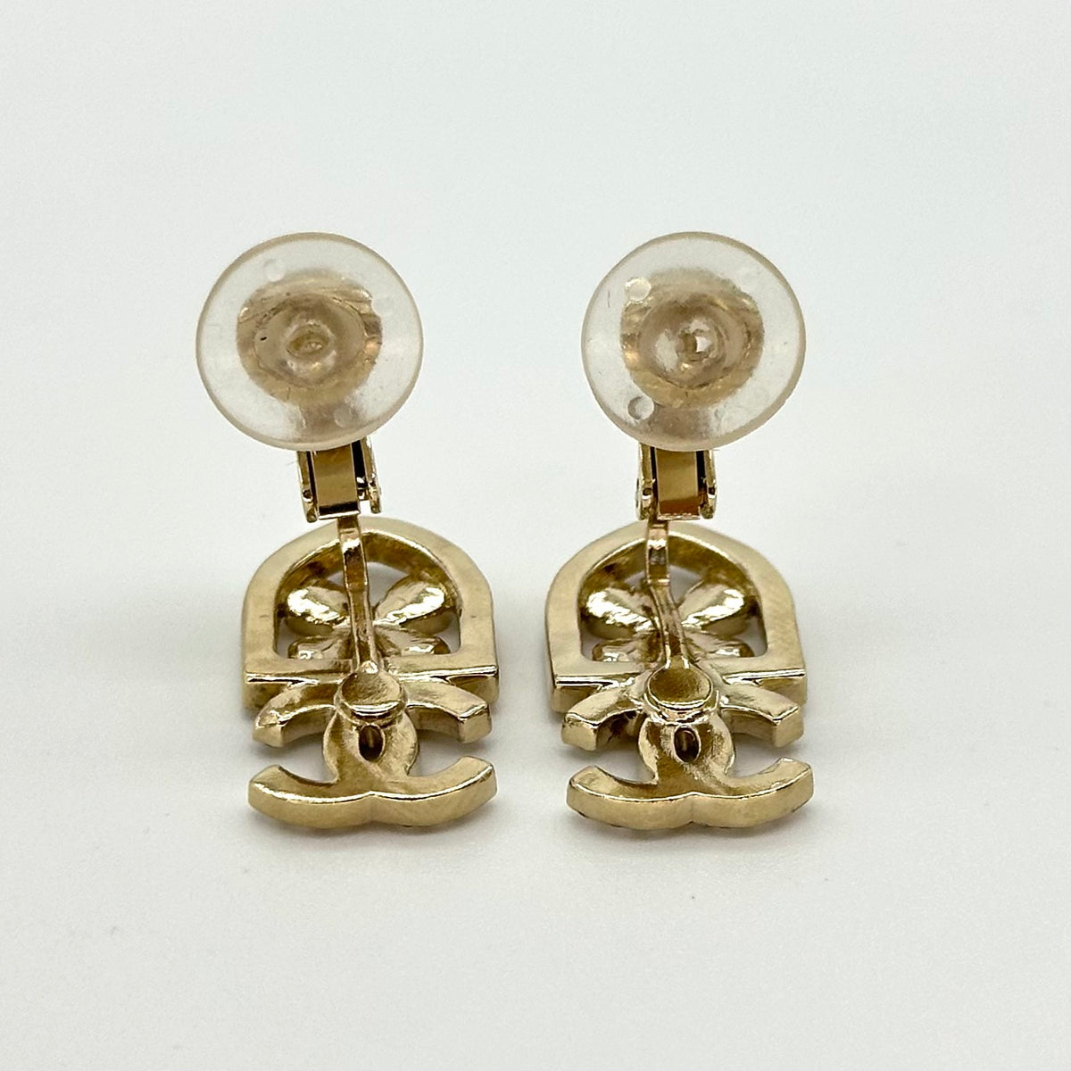 Chanel Shield Clover Rhinestone Double CC Clip-On Earrings