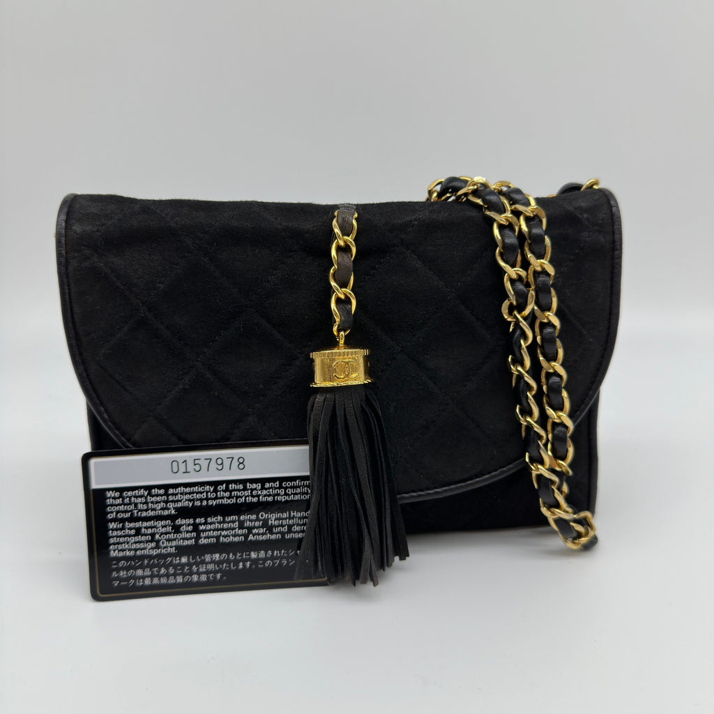 Chanel Quilted Suede Tassel Black Chain Shoulder Bag