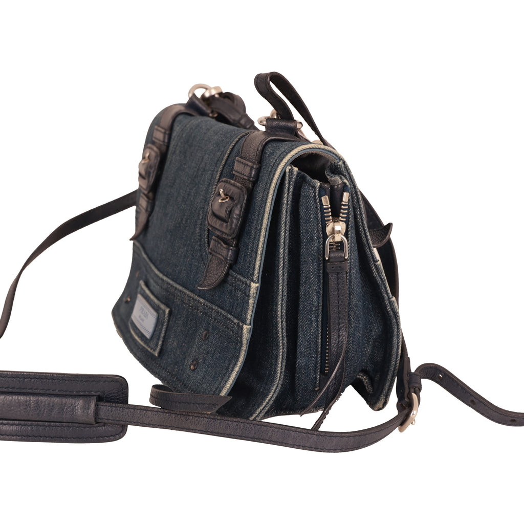 Prada 데님 가죽 숄더 크로스바디 백 더블 벨트 디테일