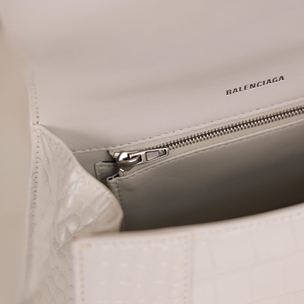 White Croc Embossed Leather Small Hourglass Top Handle Bag w/ Strap