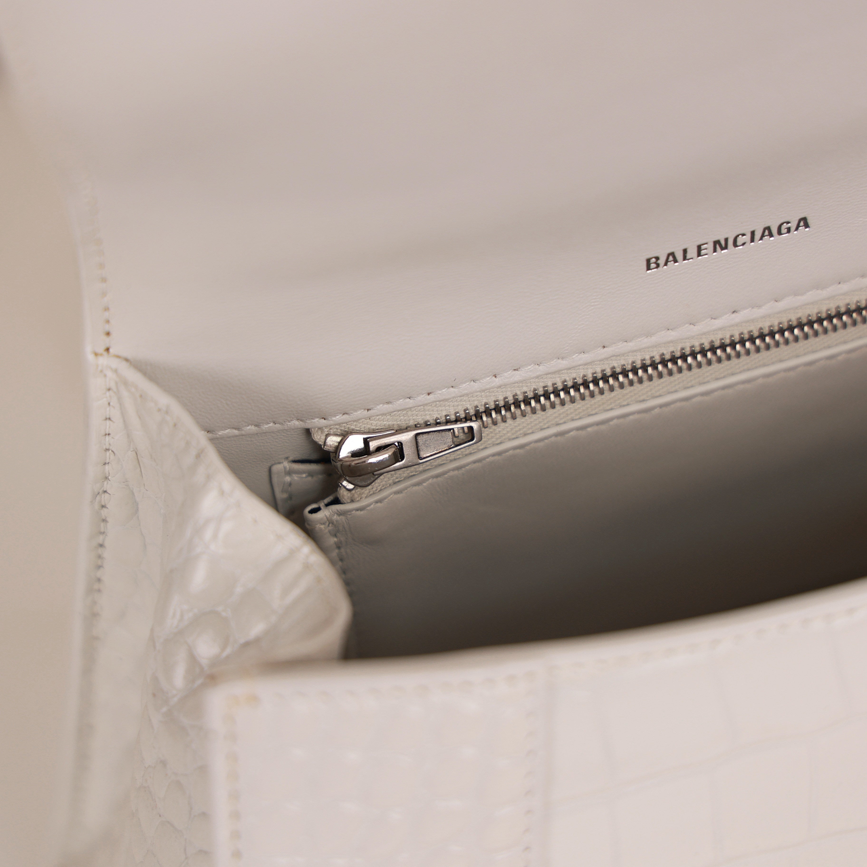 White Croc Embossed Leather Small Hourglass Top Handle Bag w/ Strap
