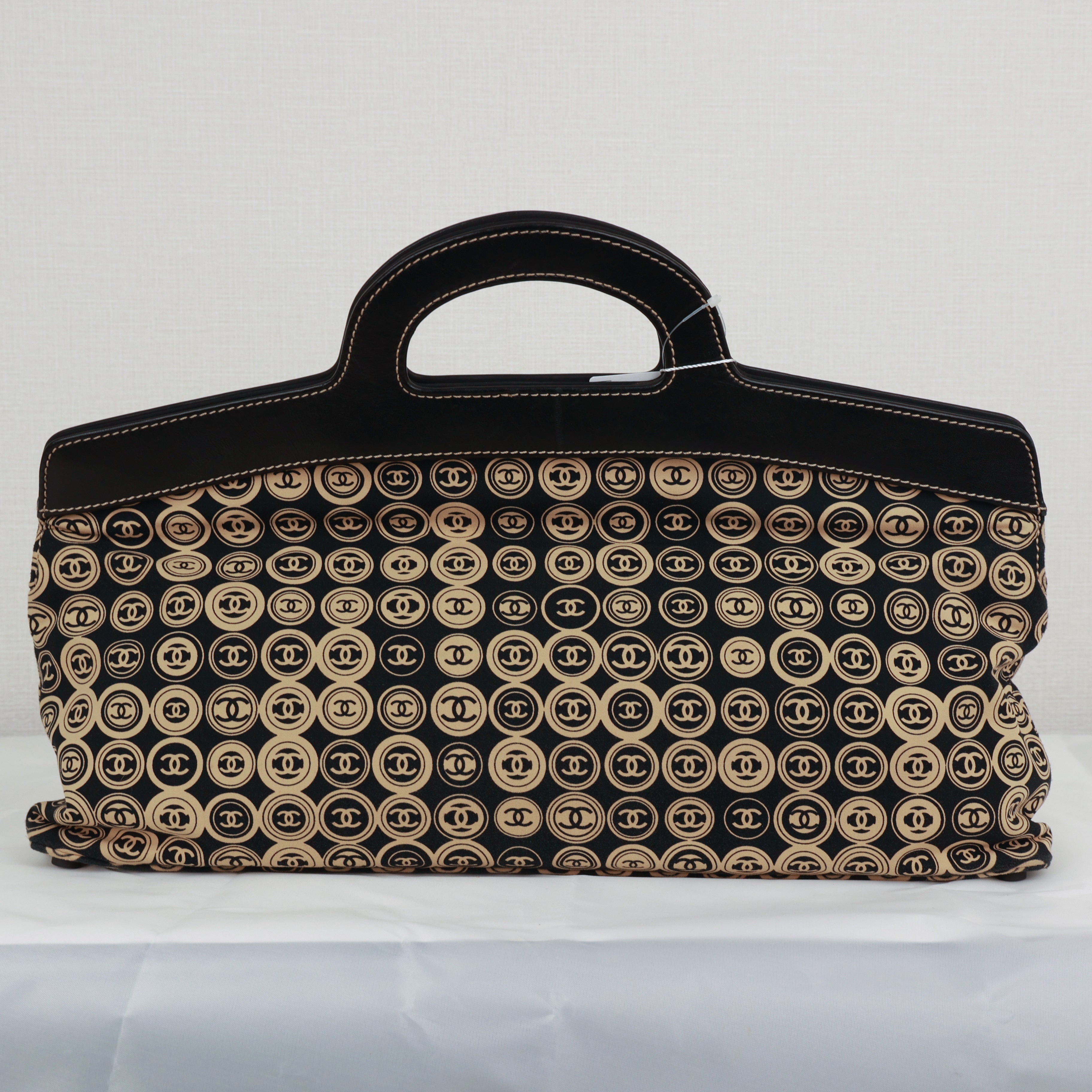 Chanel Coco Mark handbag Jersey Calfskin Printed Large Frame Handle Bag Beige Black 8 series