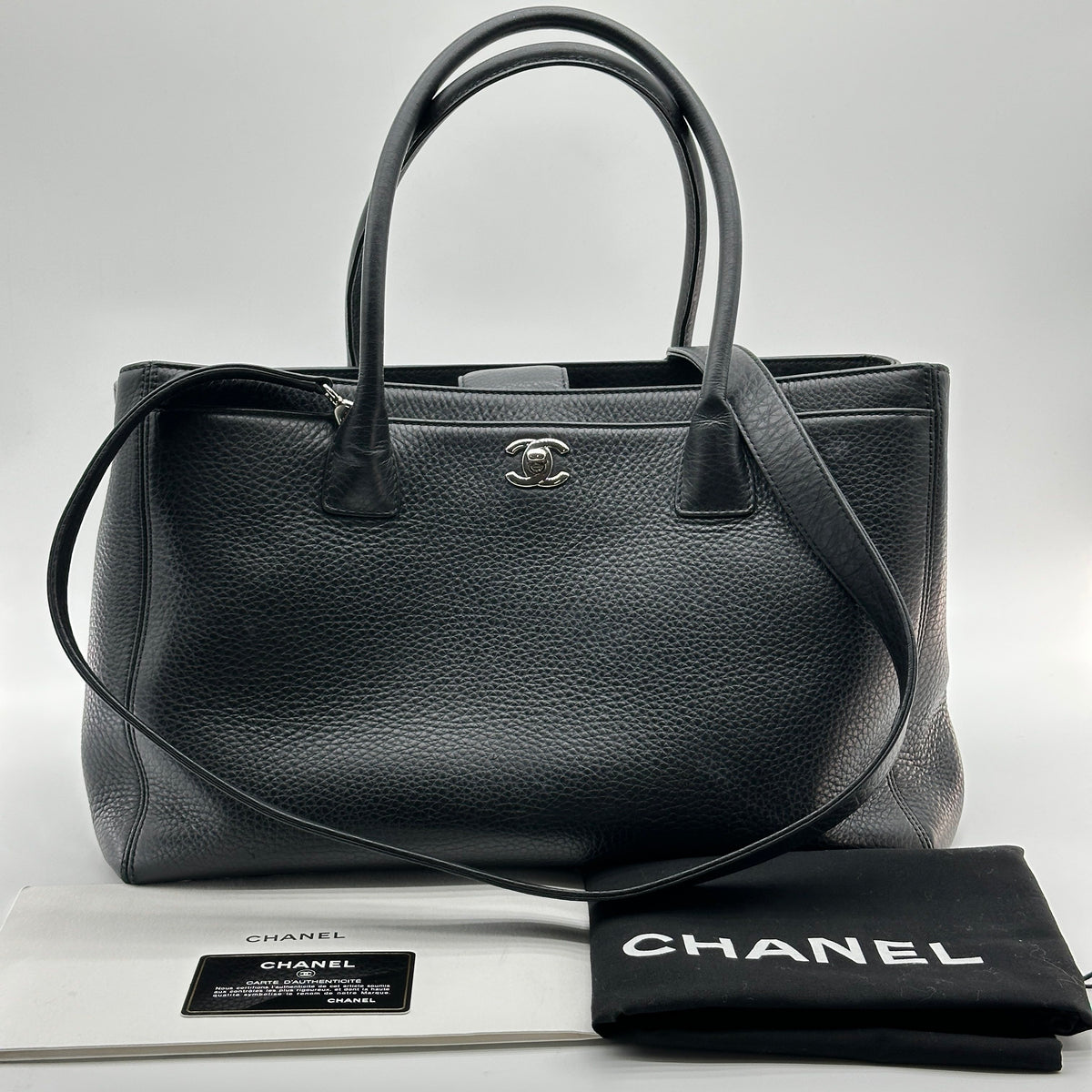 Chanel Executive Leather Black Silver Tote Shoulder Bag