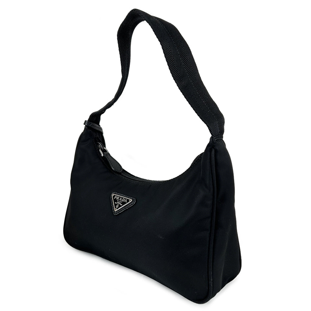 Prada Nylon Hobo Shoulder Bag Black Silver Triangle Logo Top Handle Bag