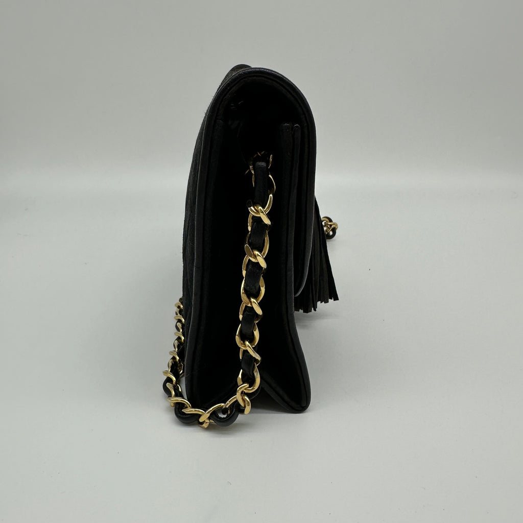 Chanel Quilted Suede Tassel Black Chain Shoulder Bag