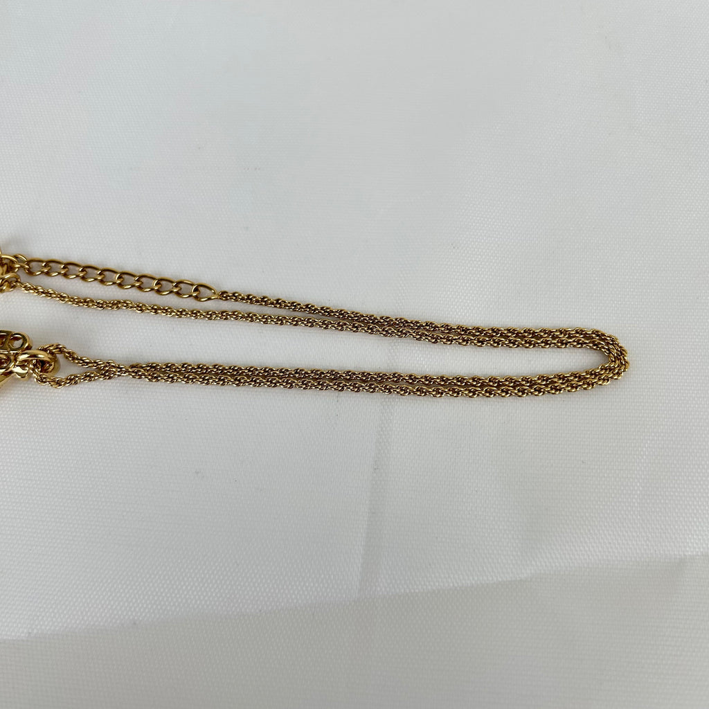 Christian Dior CD Logo Drop Motif Necklace Gold Tone GP Plated Rhinestone