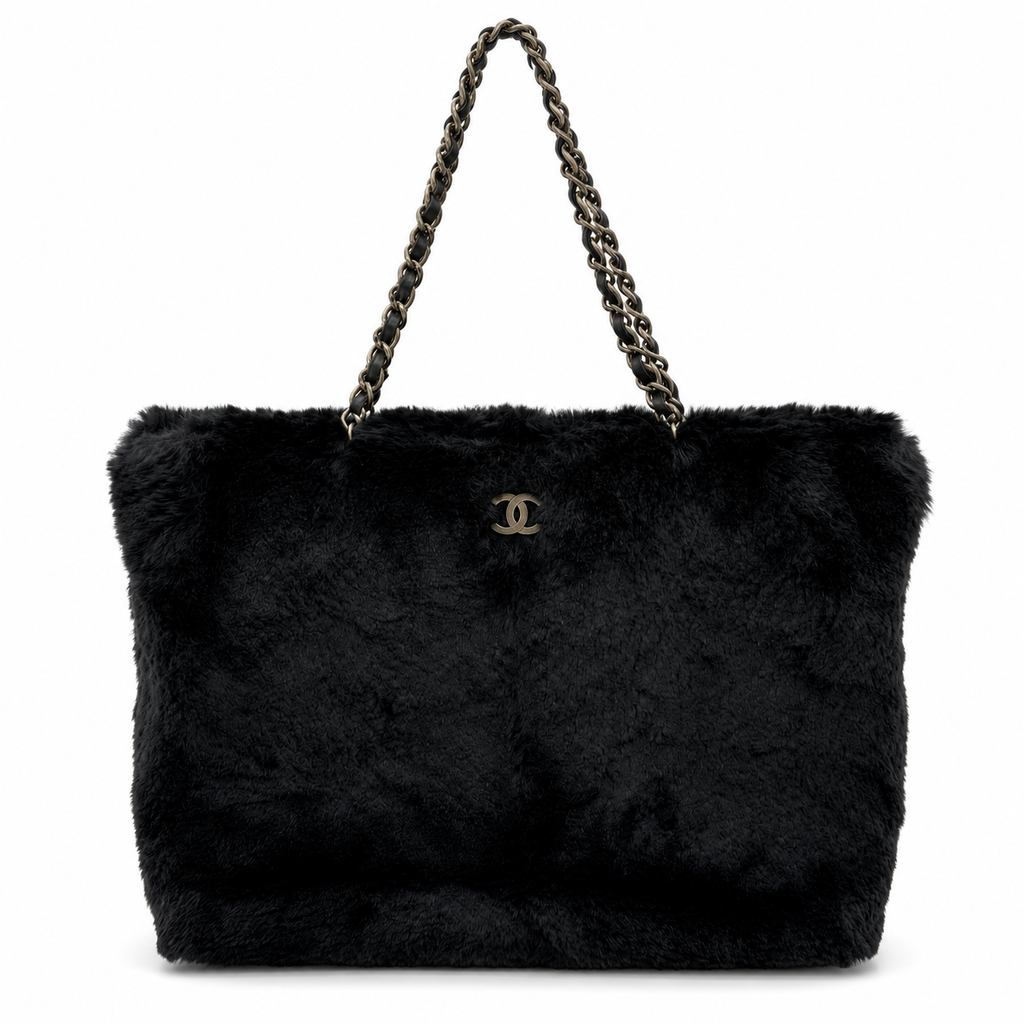 ▼JAPAN ONLY▼CHANEL Rabbit Fur Chain Tote Bag with CC Logo Black 6XXXXXX