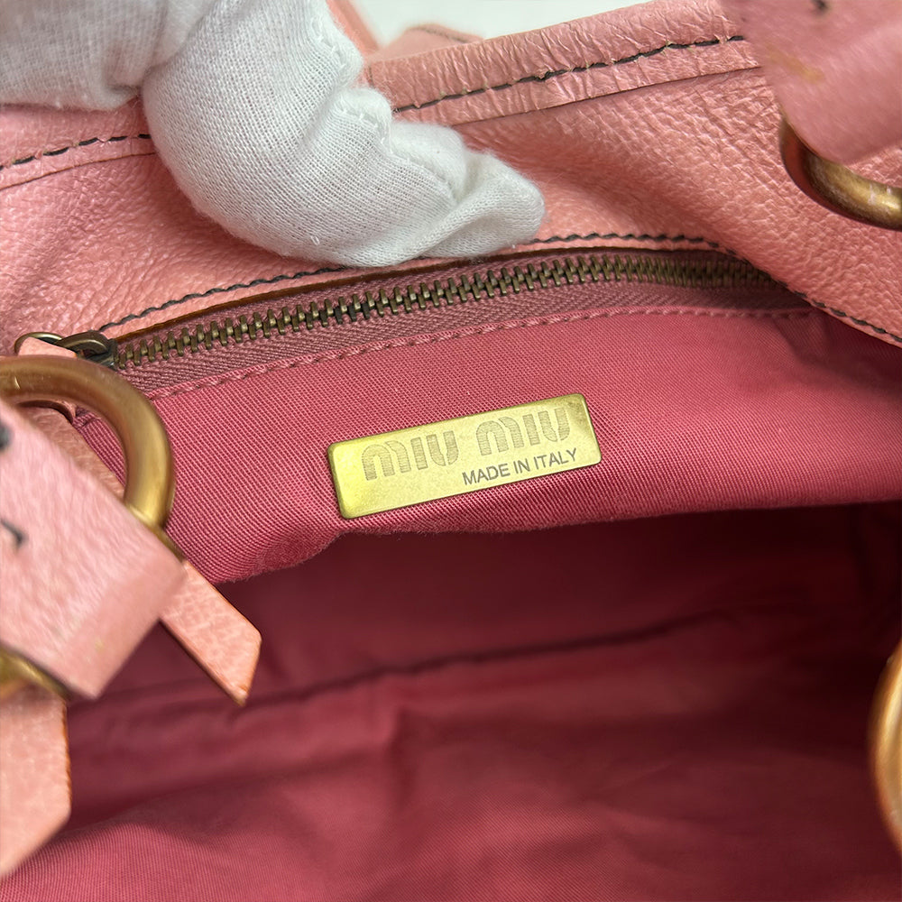 Miu Miu Denim Leather Tote Bag Gold Coin Hardware Pink 2Way Shoulder Handbag Casual Bag
