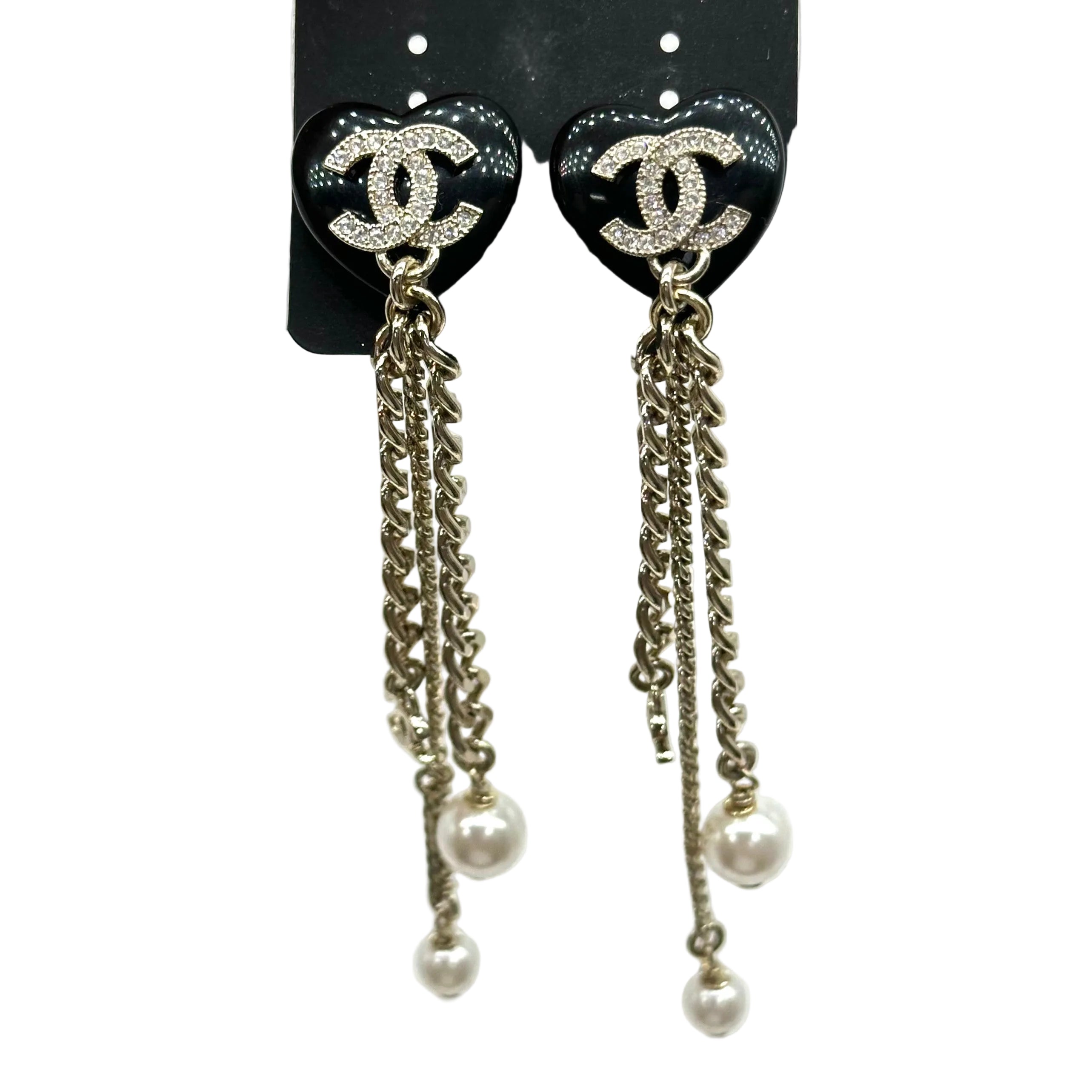 Chanel Black Heart Rhinestone Double CC Tassel Chain Pearl Stud Earrings