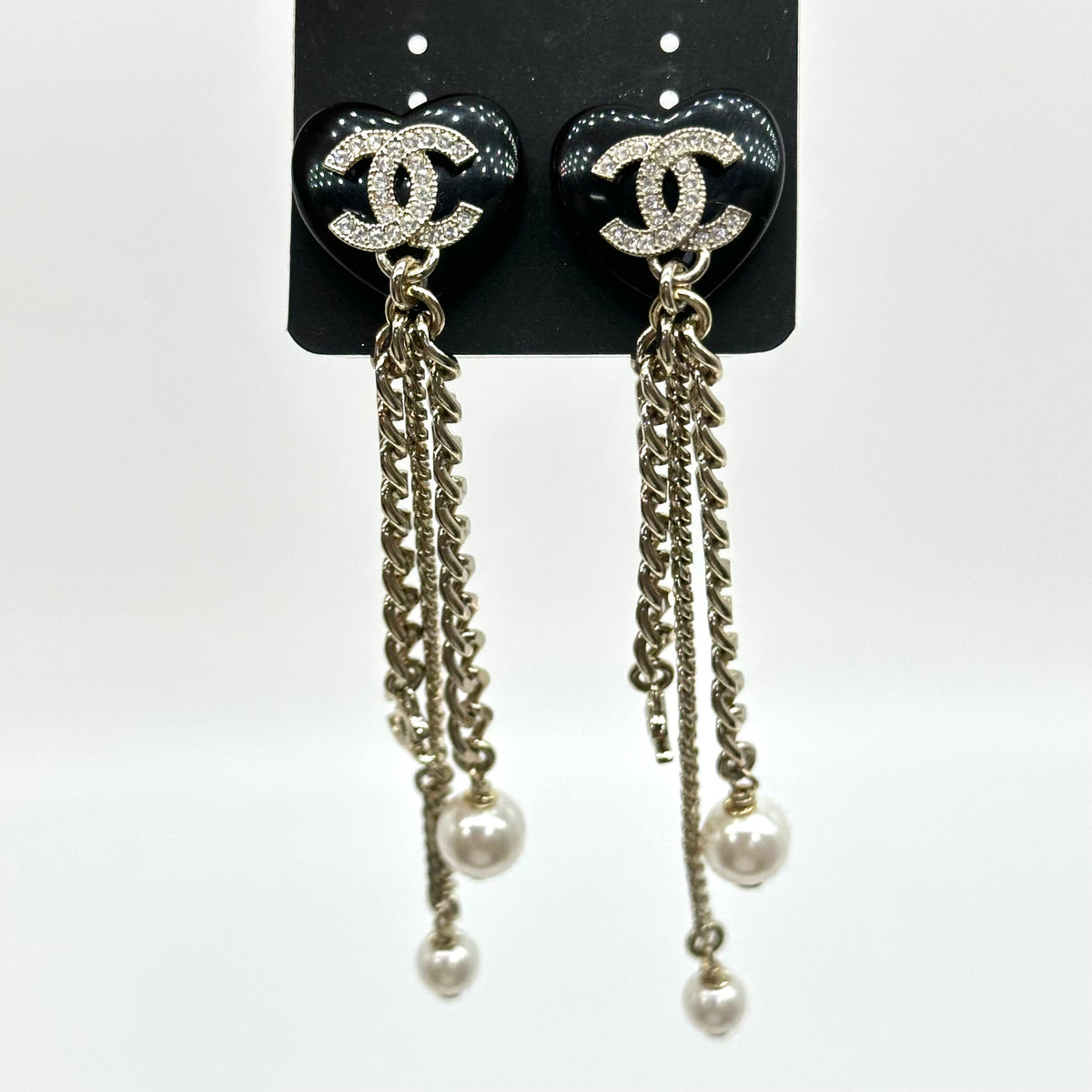 Chanel Black Heart Rhinestone Double CC Tassel Chain Pearl Stud Earrings