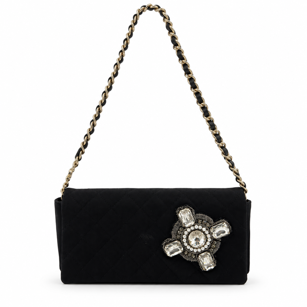 CHANEL Pearl Bijou Black Satin Rhinestone Embellished  Shoulder Bag Evening Bag 10XXXXXX