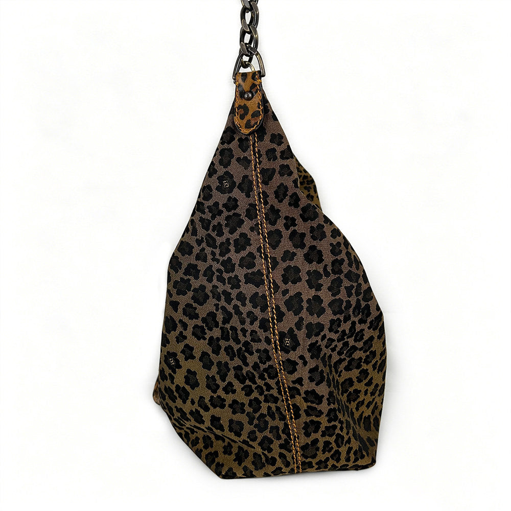 Fendi Leopard Print Canvas Shoulder Bag with Leather Chain Strap