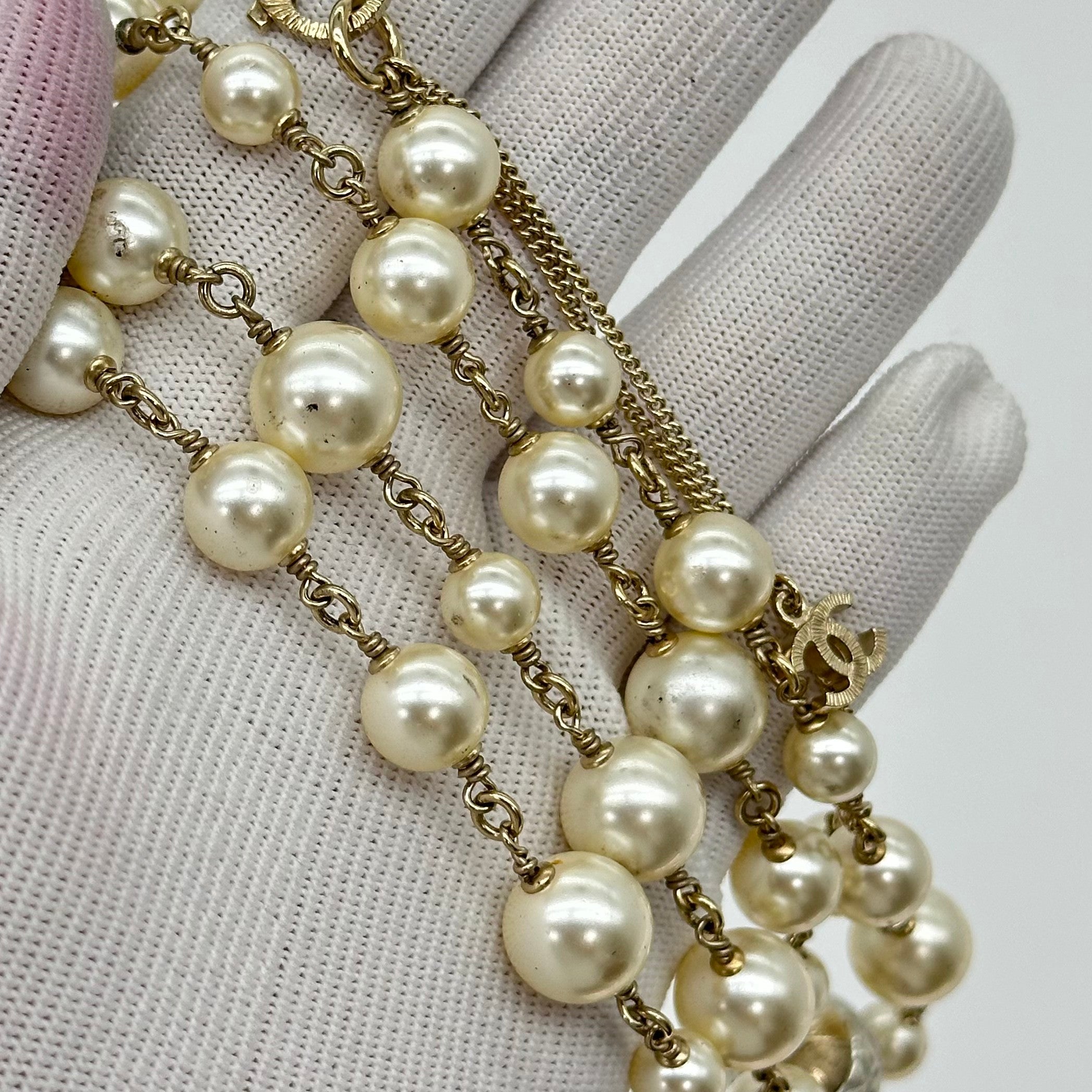 Chanel Double C Pearl Sweater Chain Necklace