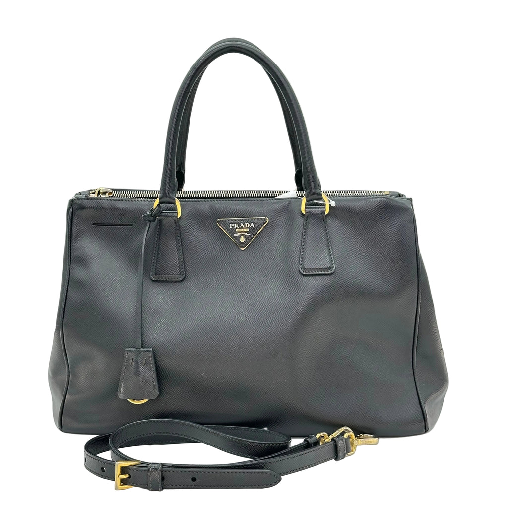 Prada Galleria Saffiano 2Way Handbag Shoulder Bag Black Gold