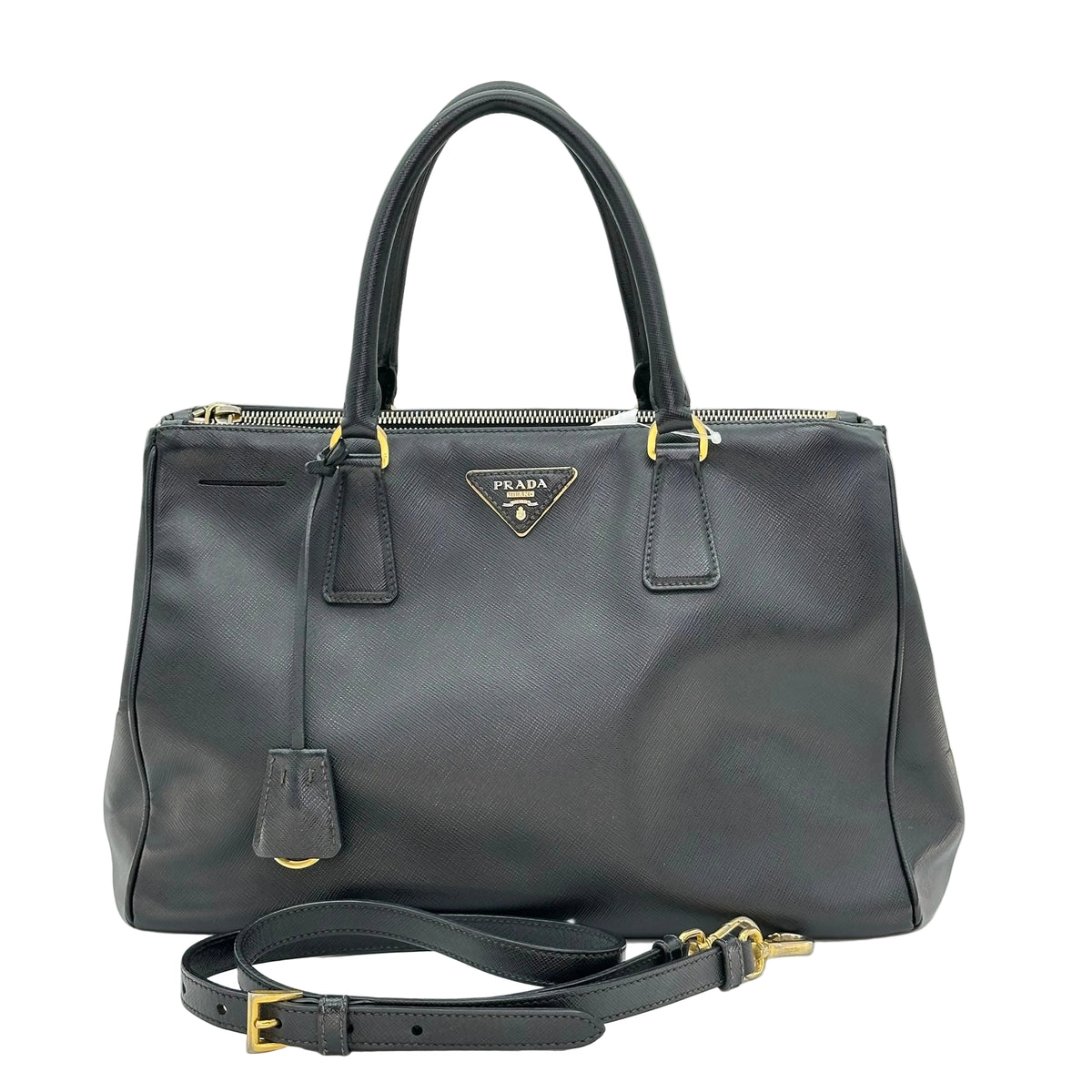Prada Galleria Saffiano 2Way Handbag Shoulder Bag Black Gold