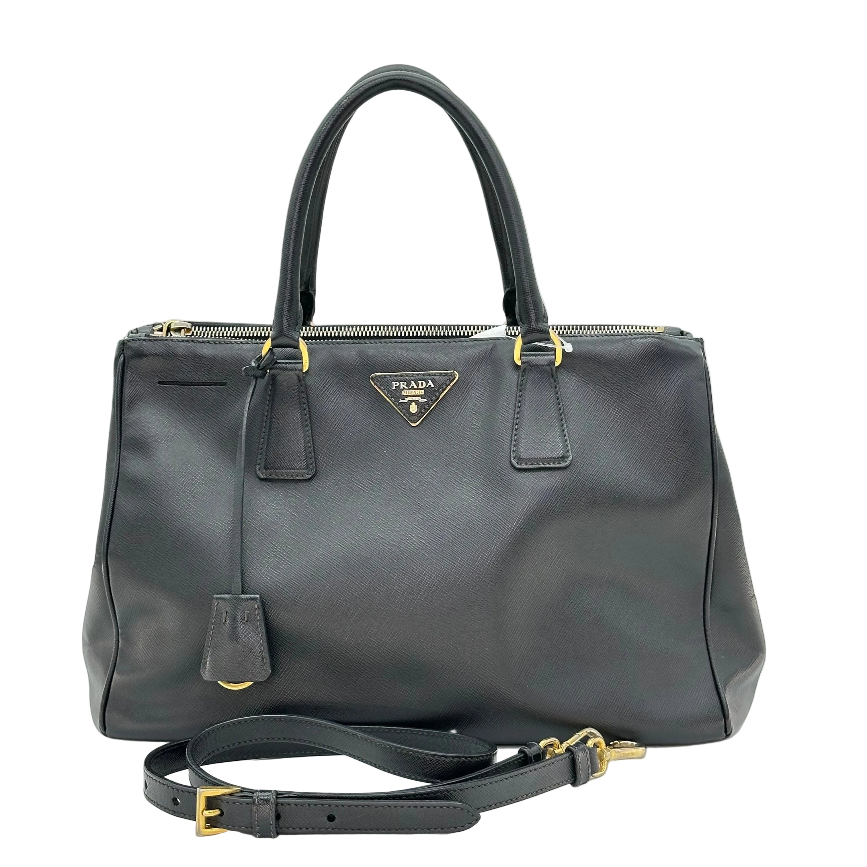 Prada Galleria Saffiano 2Way Handbag Shoulder Bag Black Gold