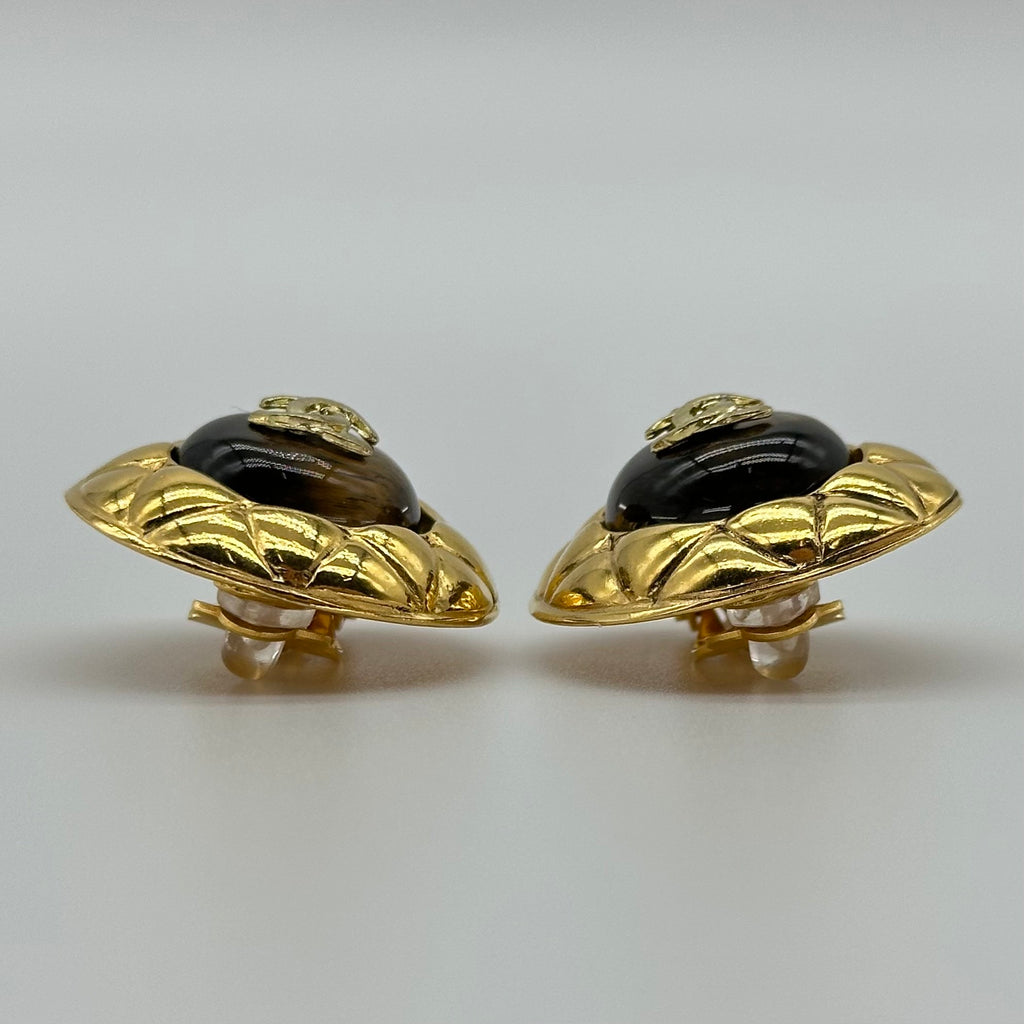 CHANEL Earrings Coco Mark Metal/Stone Gold/Brown Women's Free Shipping