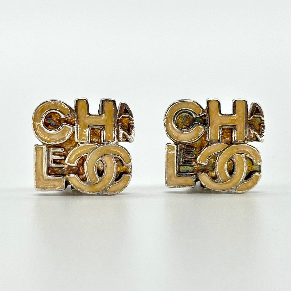 Chanel Earrings 00T Coco Mark Square Alphabet Logo, Silver & Beige