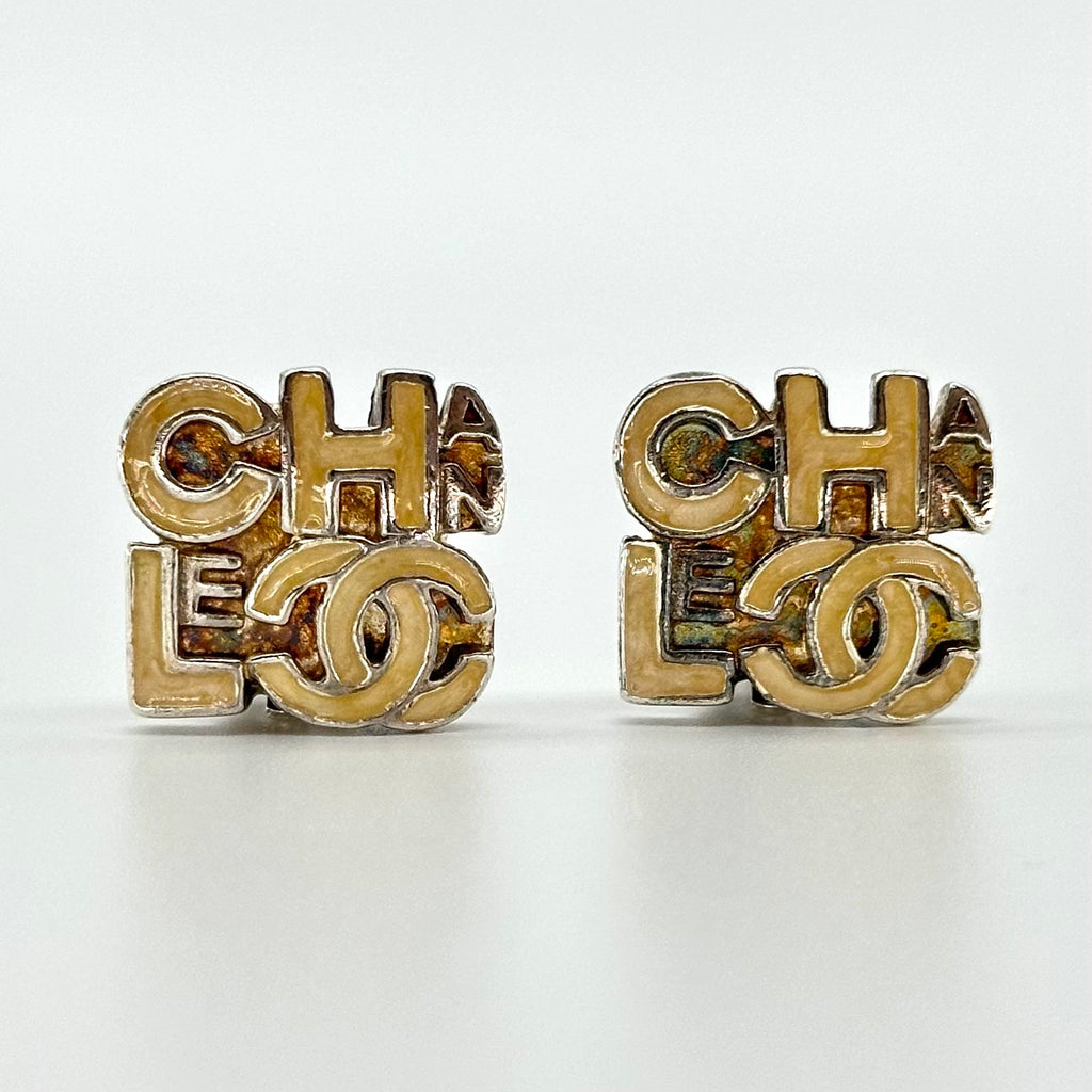 Chanel Earrings 00T Coco Mark Square Alphabet Logo, Silver & Beige