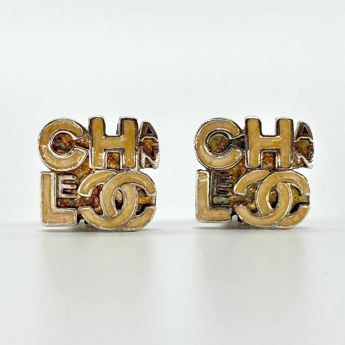 Chanel Earrings 00T Coco Mark Square Alphabet Logo, Silver & Beige