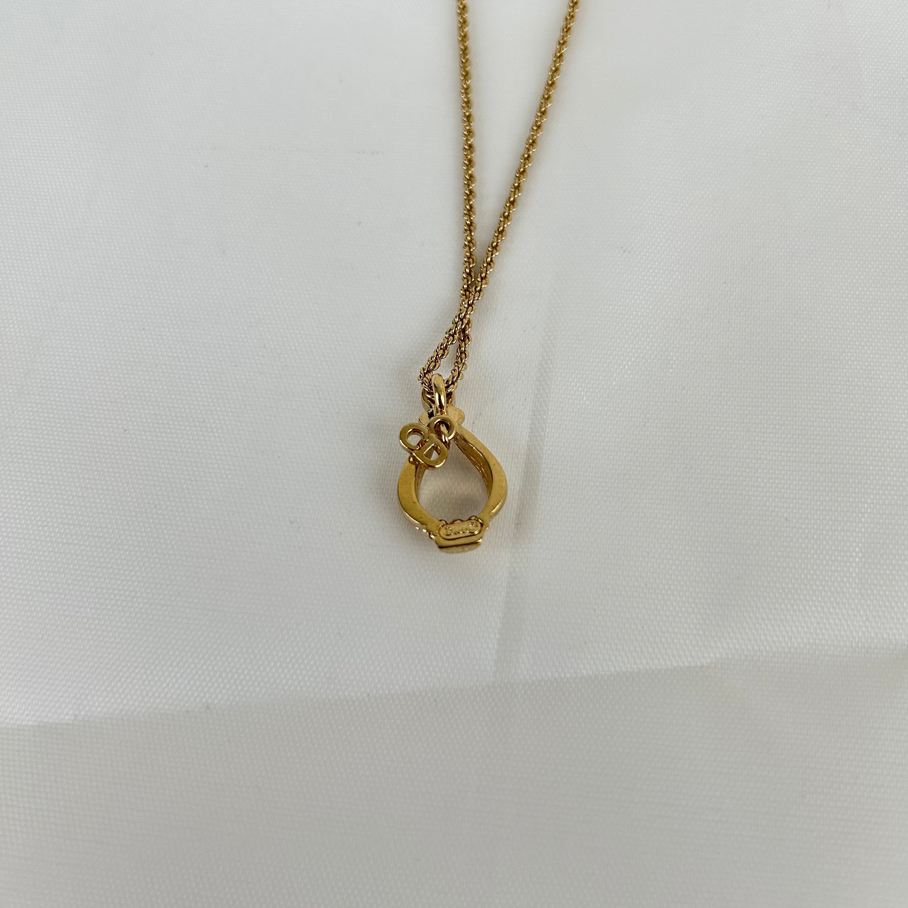 Christian Dior CD Logo Drop Motif Necklace Gold Tone GP Plated Rhinestone
