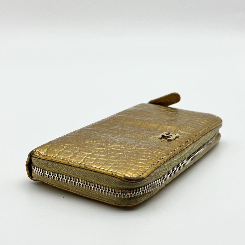 Chanel Crocodile Leather Coco Mark Gold Zip-Around Wallet