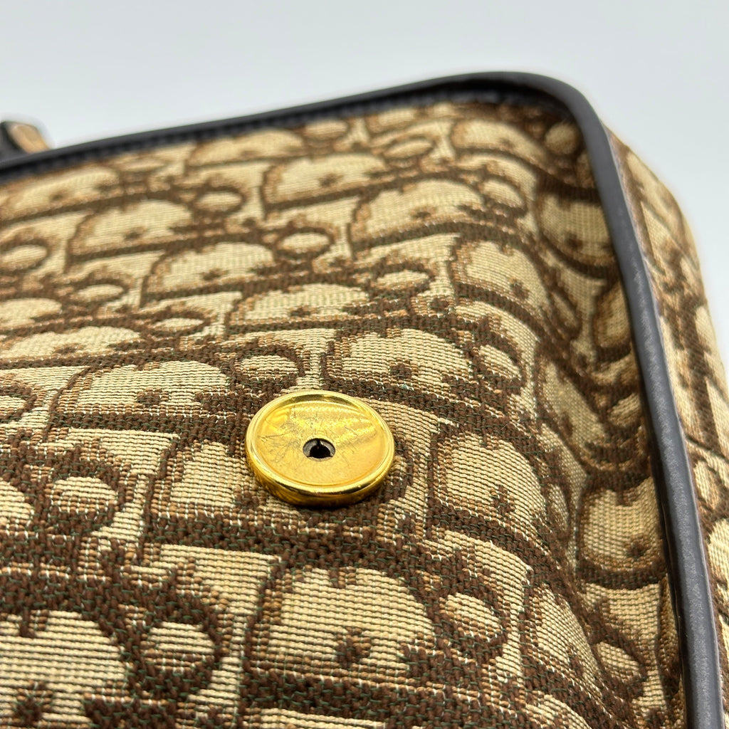 pre-owned christian dior trotter canvas shoulder bag beige gold