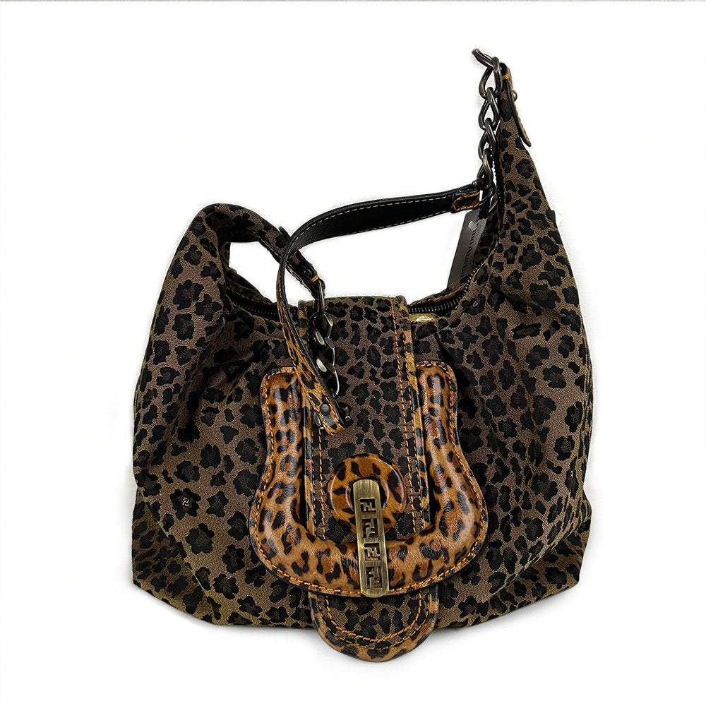 Fendi Leopard Print Canvas Shoulder Bag with Leather Chain Strap