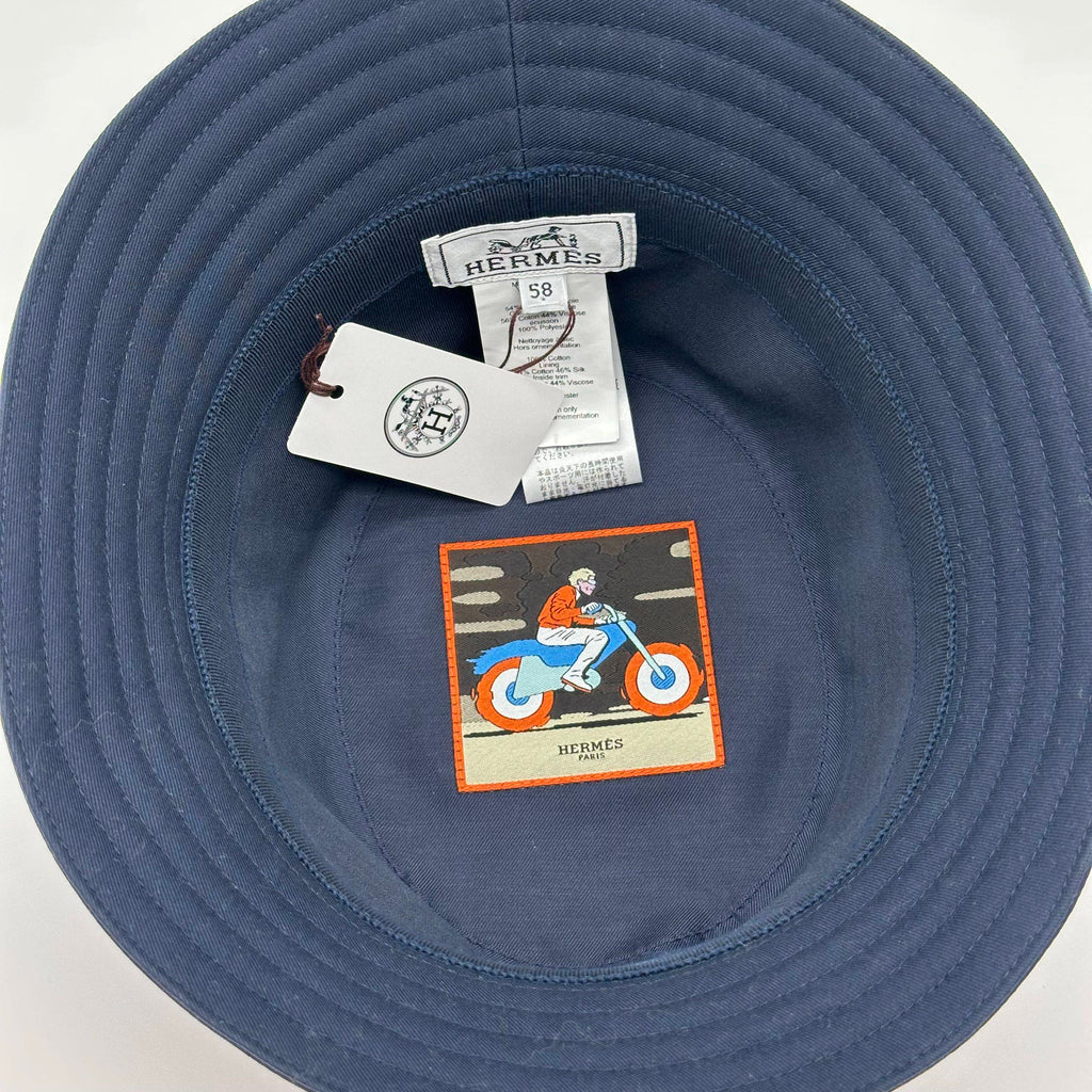 Hermes Fred H Navy Blue Cotton Bucket Hat Size 58 100%Cotton