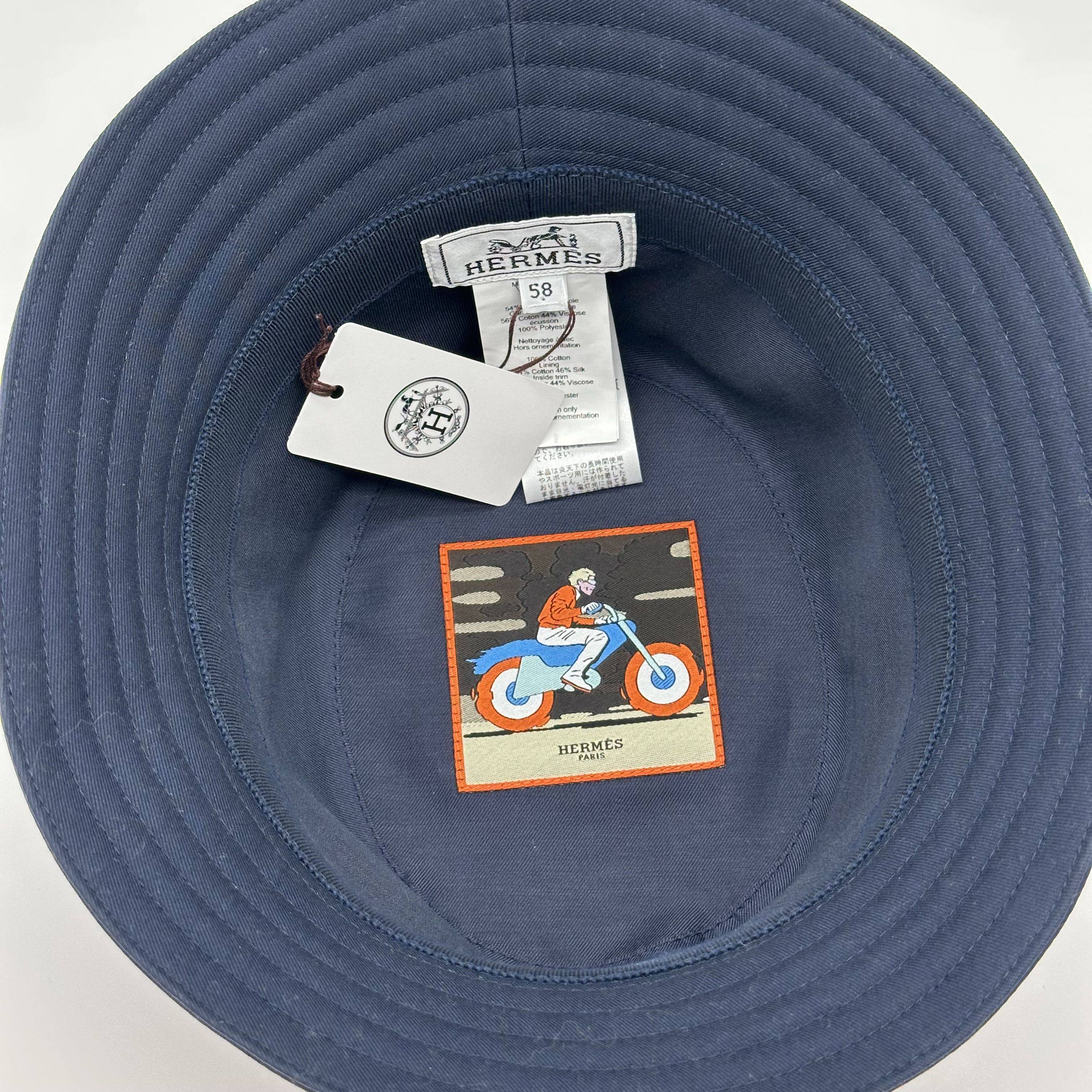 Hermes Fred H Navy Blue Cotton Bucket Hat Size 58 100%Cotton
