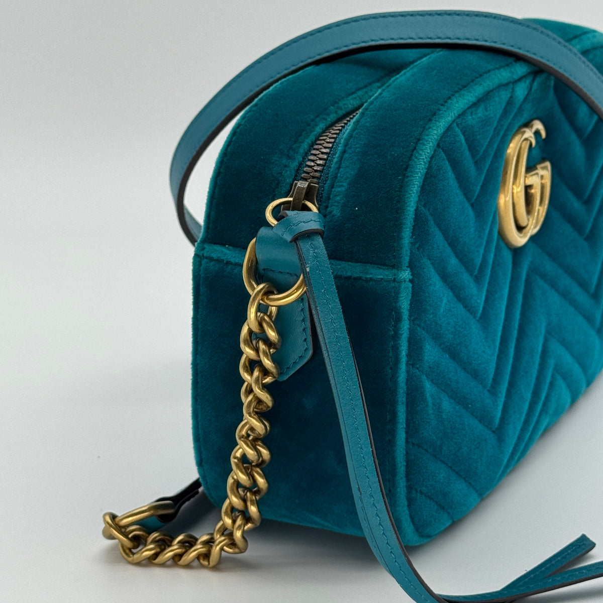 Gucci Quilted Velvet GG Marmont Small Teal Crossbody Bag