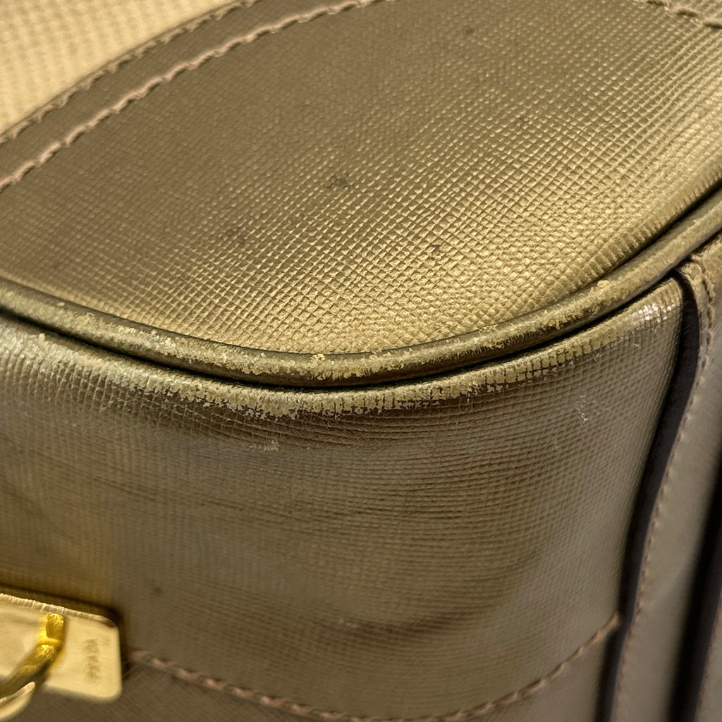 Prada Saffiano Trimmed Gold Bowling Handle Bag Gold Hardware