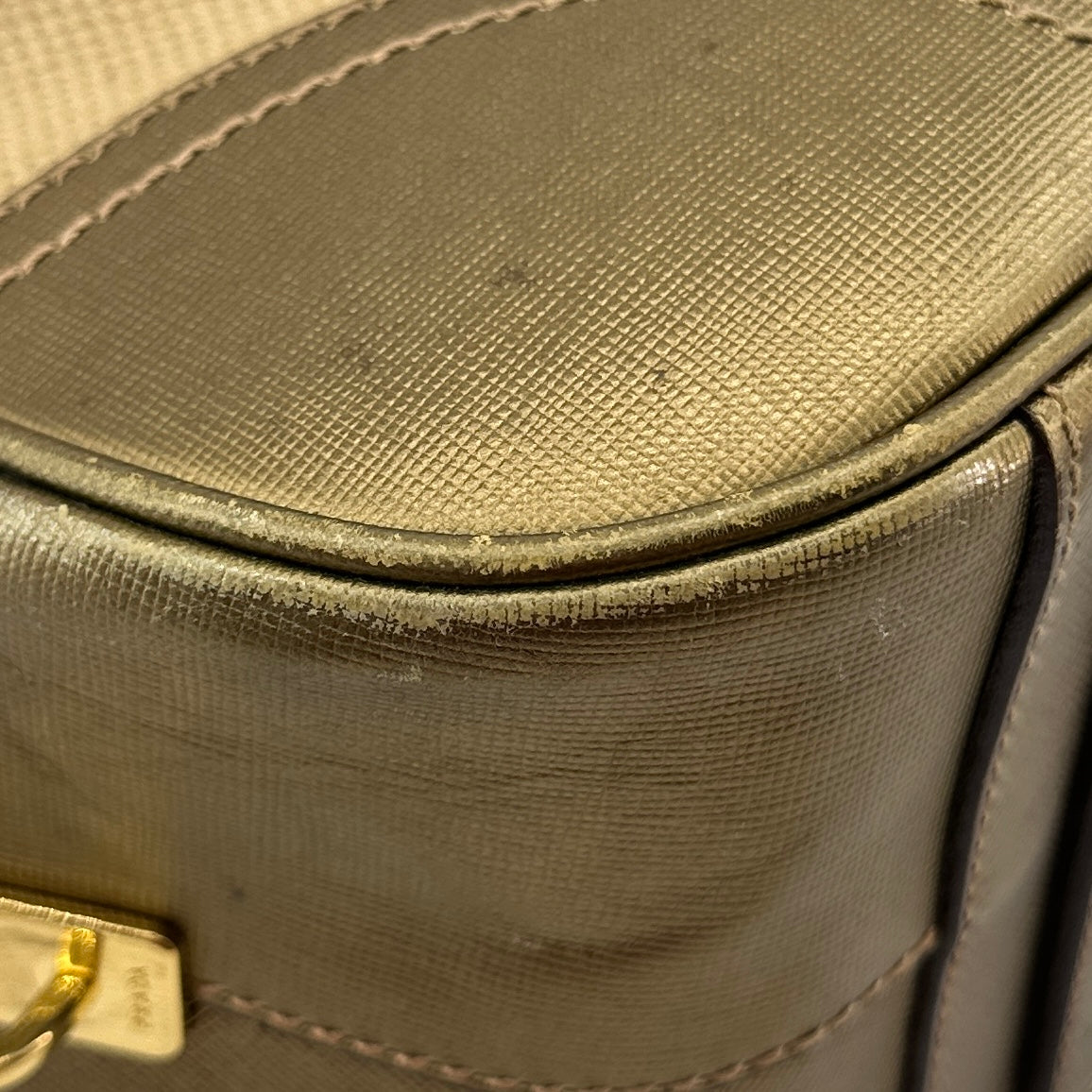 Prada Saffiano Trimmed Gold Bowling Handle Bag Gold Hardware