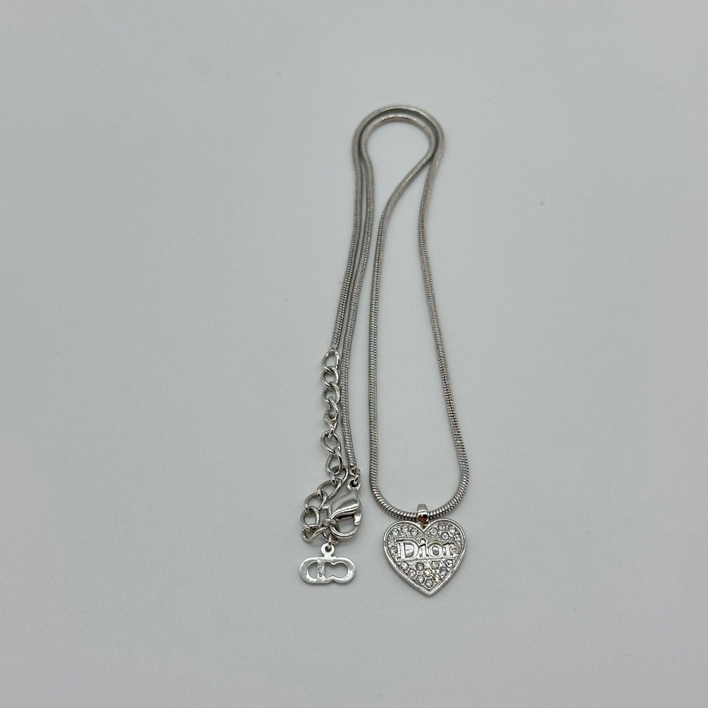 Christian Dior Heart Rhinestone Logo Necklace Silver Snake Chain