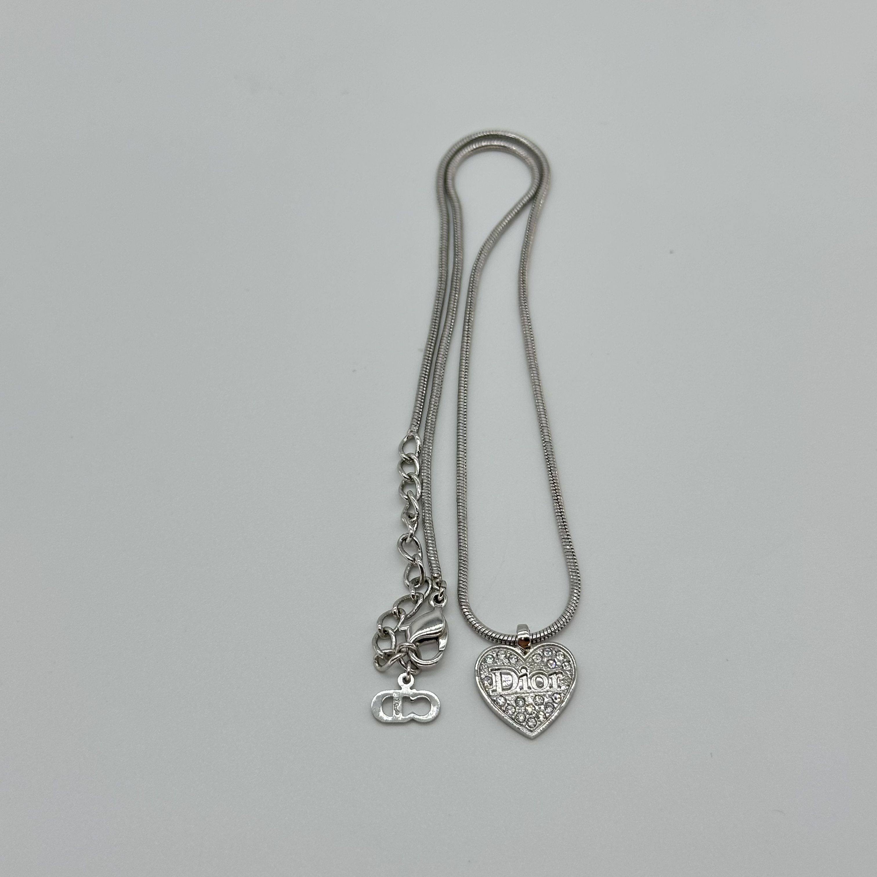 Christian Dior Heart Rhinestone Logo Necklace Silver Snake Chain