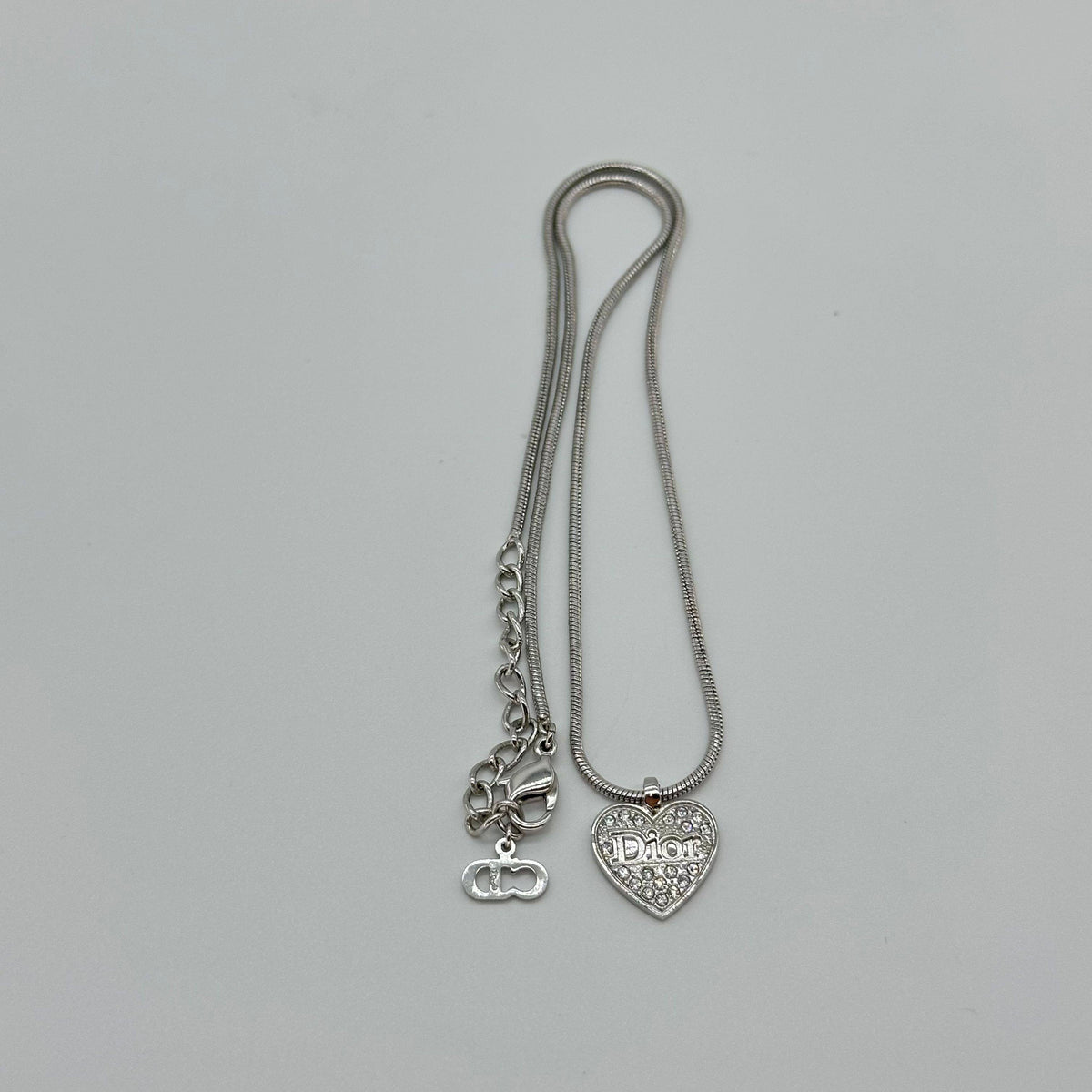 Christian Dior Heart Rhinestone Logo Necklace Silver Snake Chain