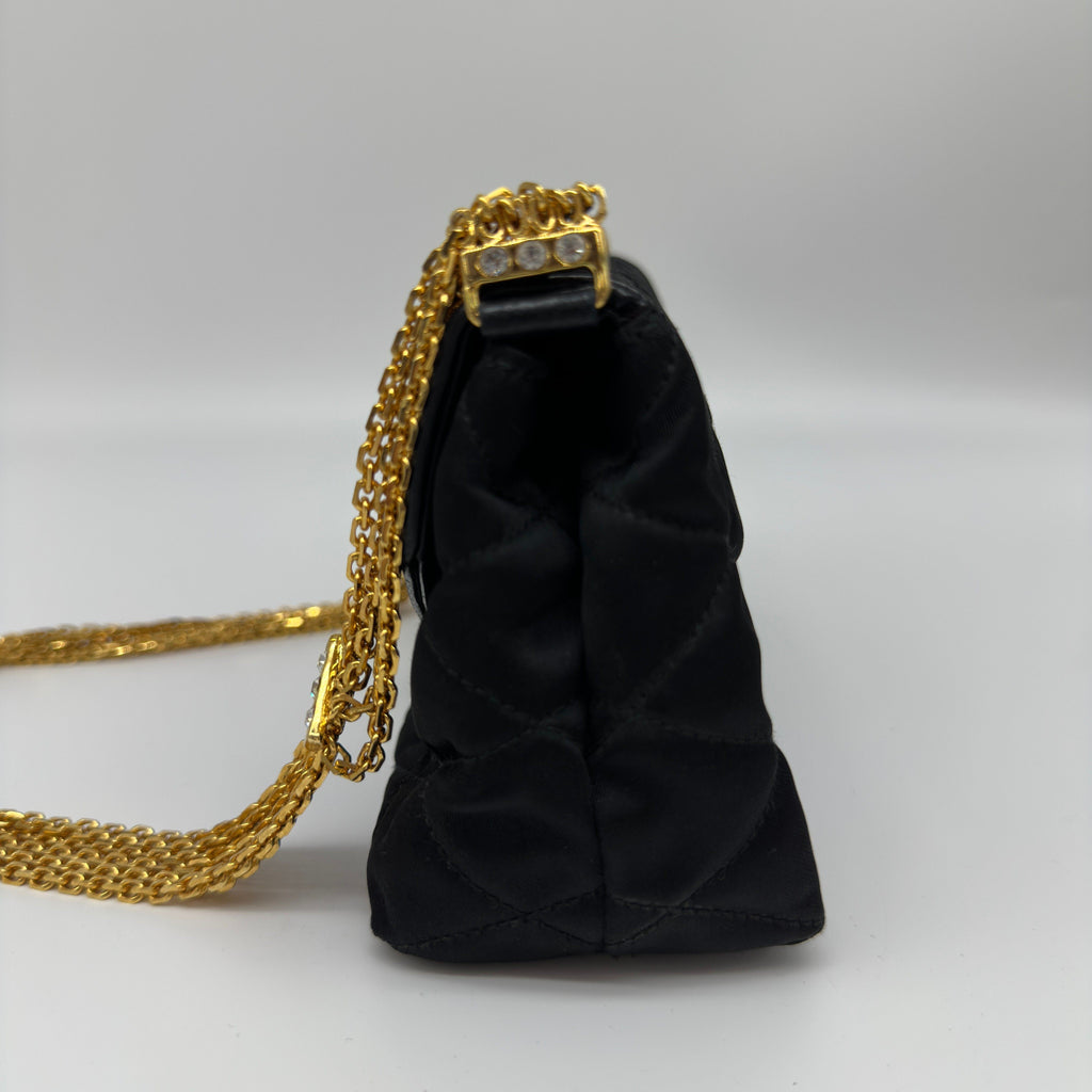 Chanel Matelasse Satin Chain Shoulder Bag Black Gold Metal Fittings