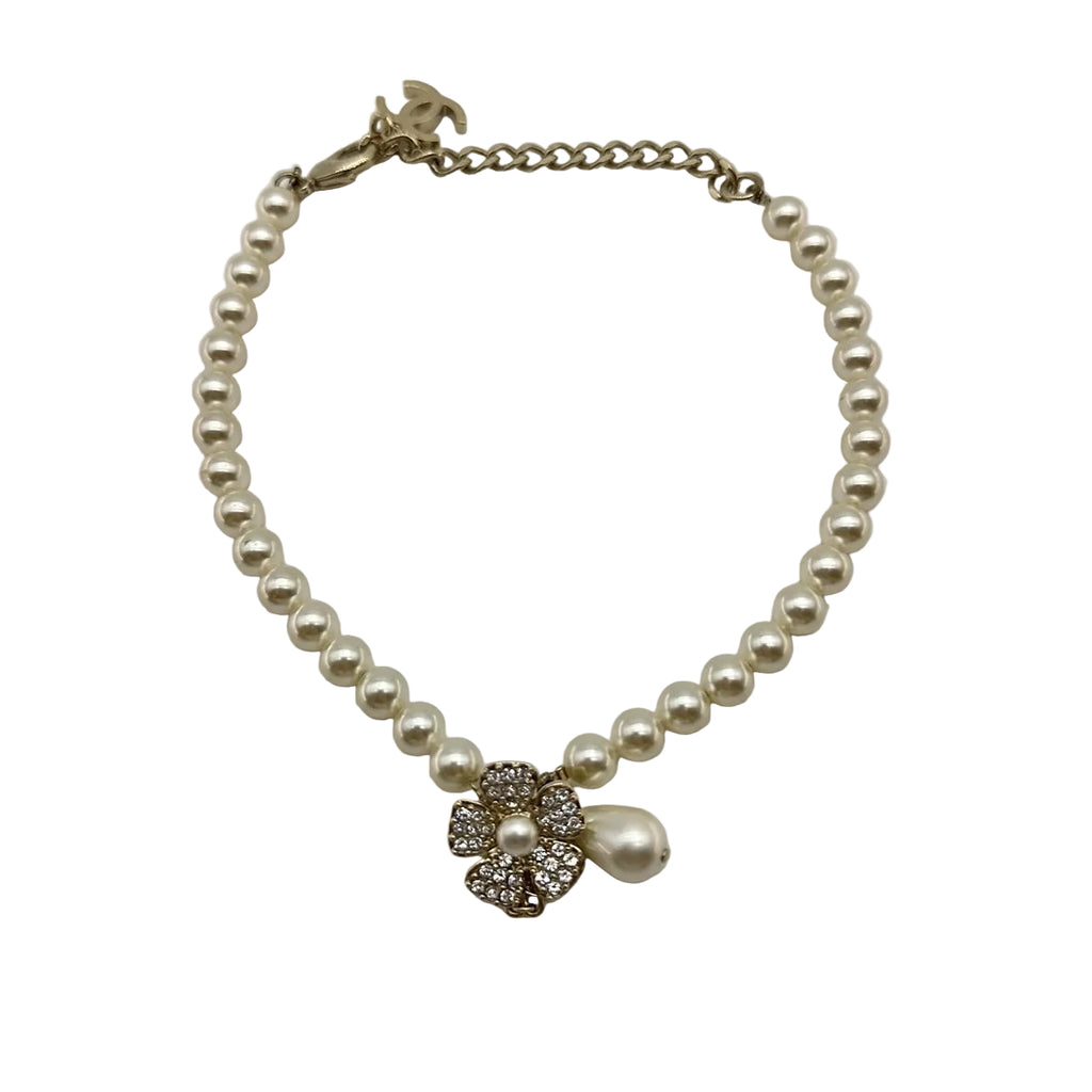 Chanel B23S Faux Pearl Crystal CC Floral Pendant Necklace